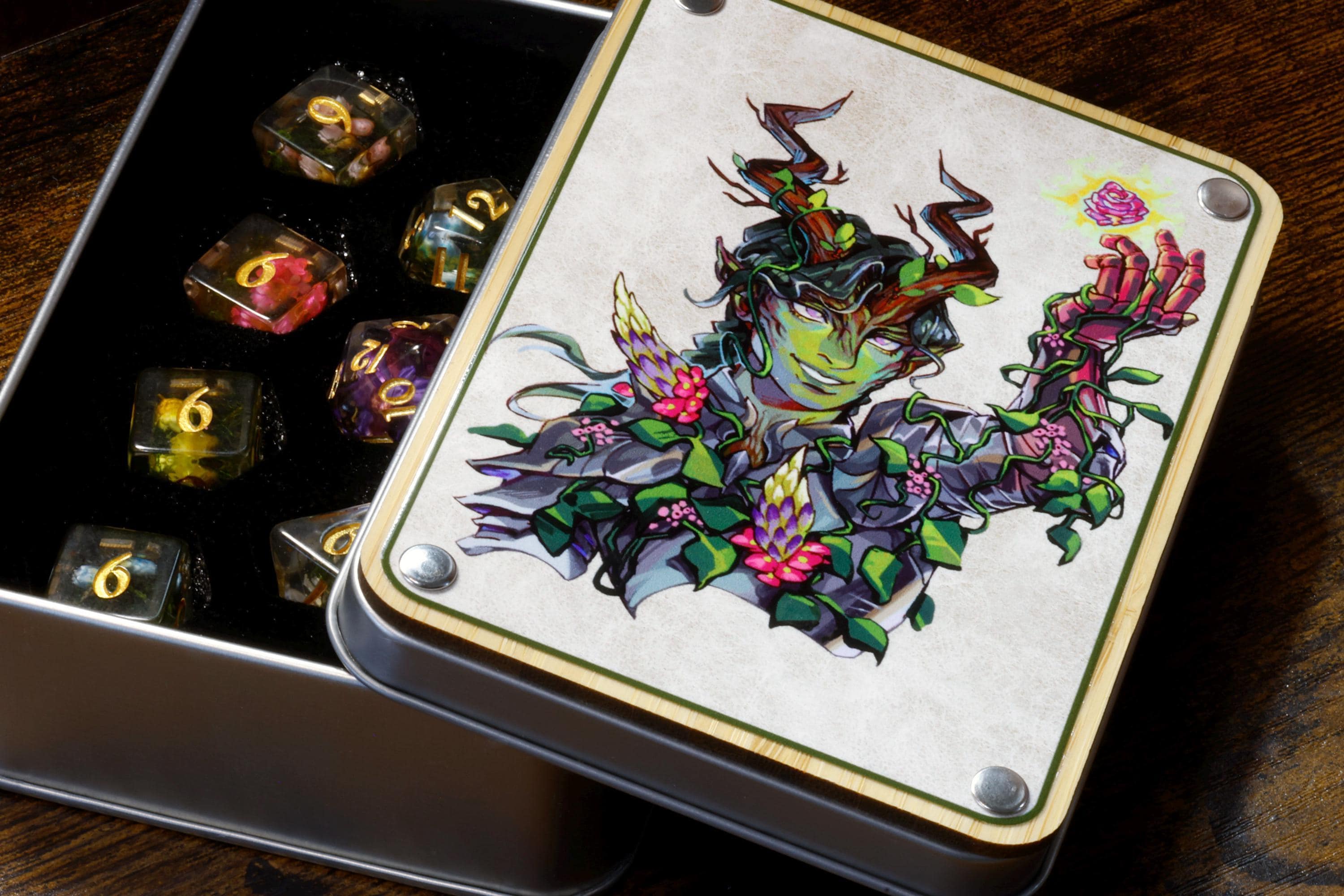 Flower and Moss Dice Set with Verdant Tiefling Vault