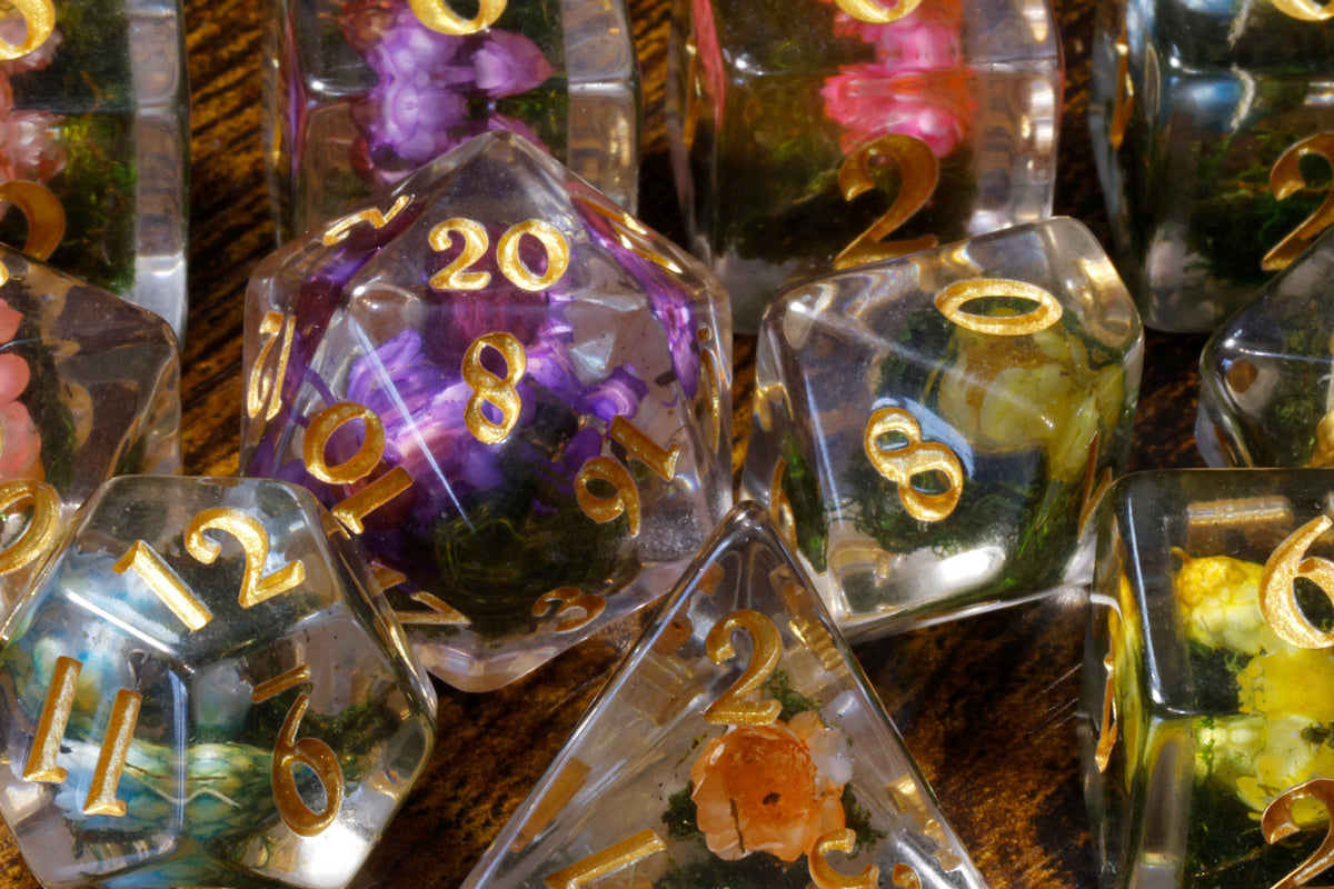 Flower and Moss Dice Set with Verdant Tiefling Vault