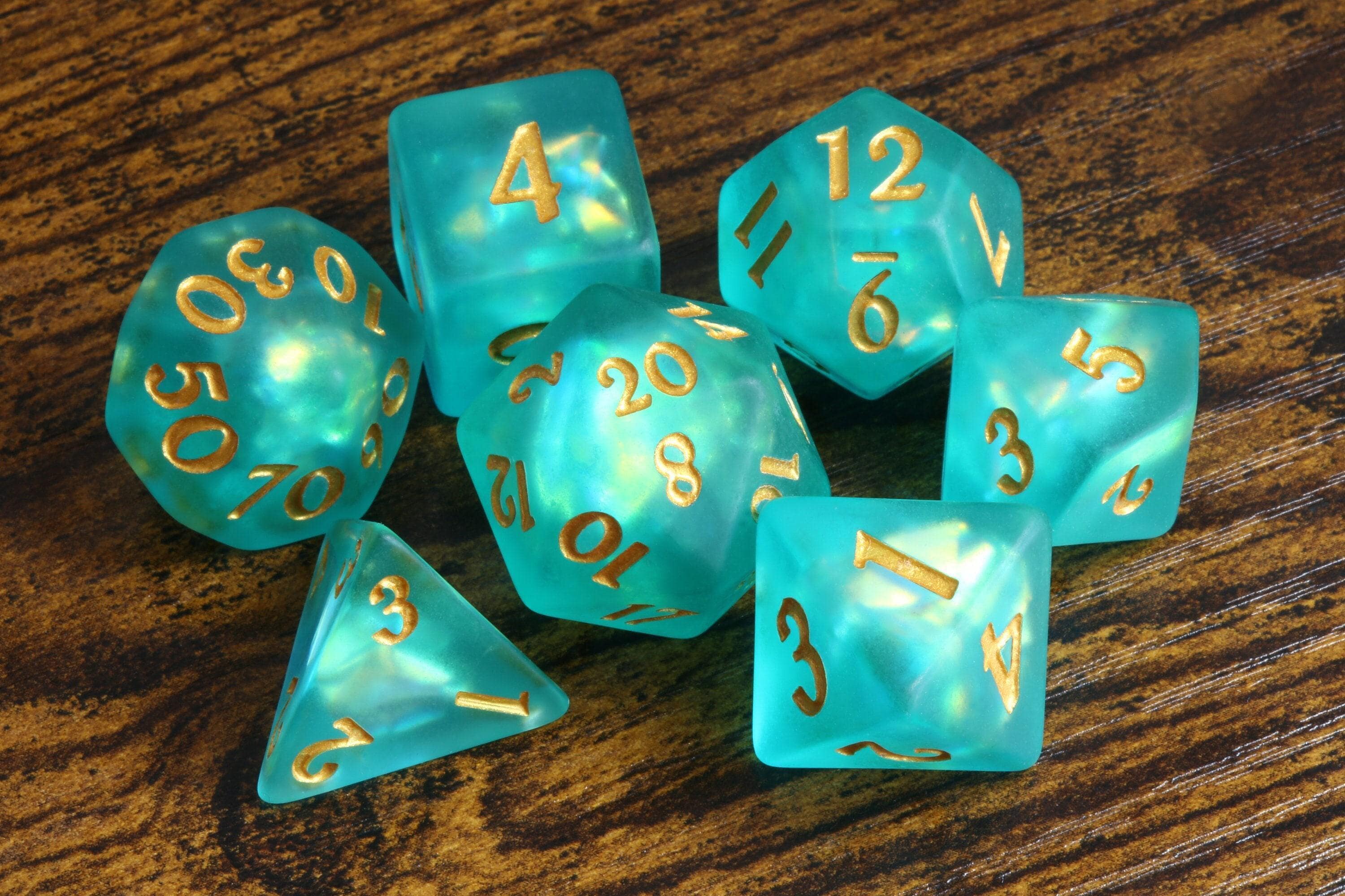 Tidebound Core 7-Piece Dice Set – Seafoam Green with Holographic Inclusions, Frosted with Holographic Foil