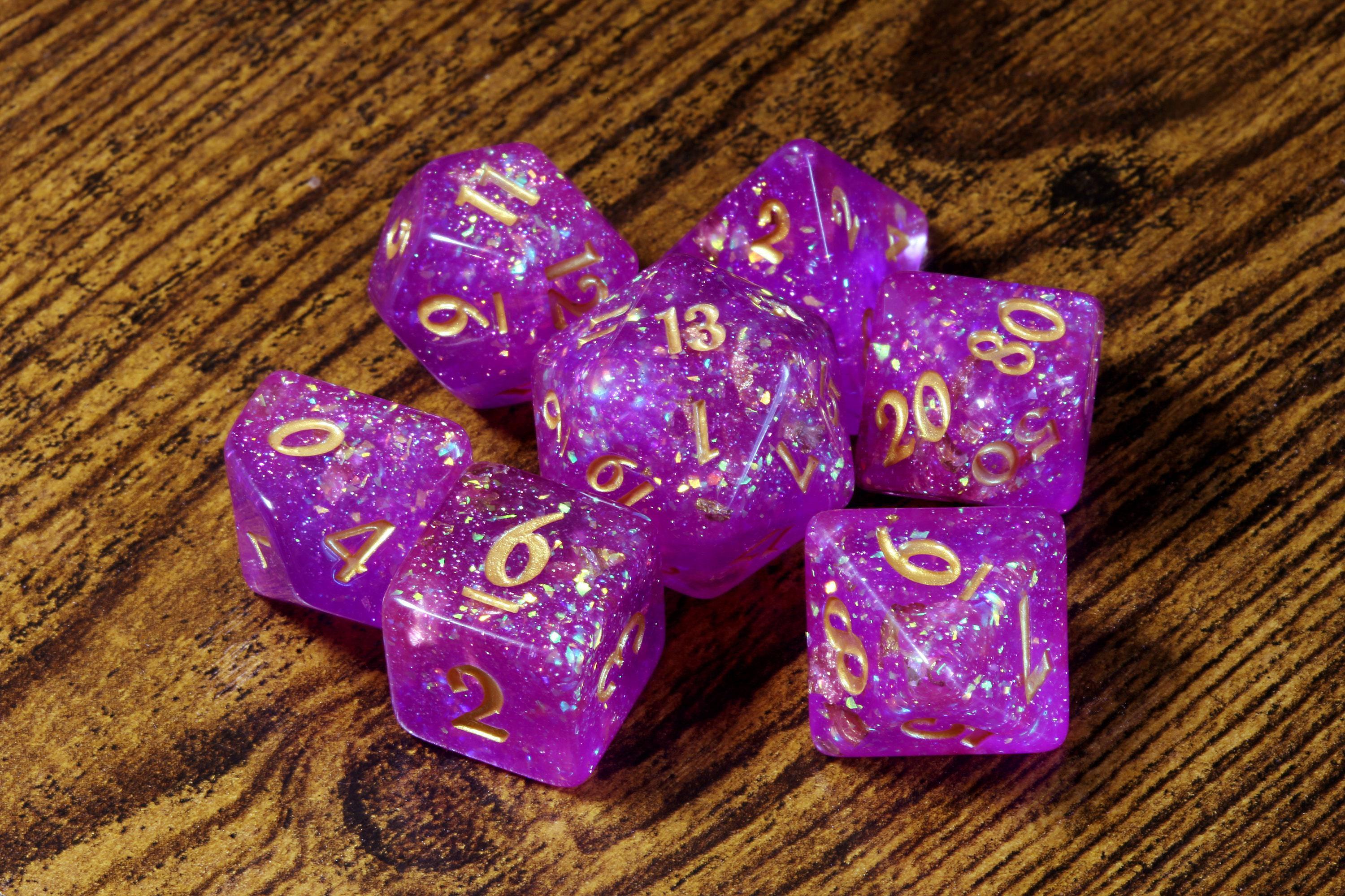 Oracleshard Opal Dice Set - Purple Magenta with Gold Flakes