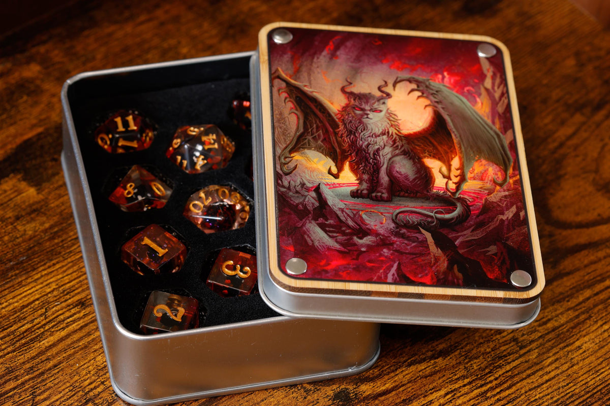 Tiefling Cat Dice Box with 11-Piece Demonic Cat Dice Set