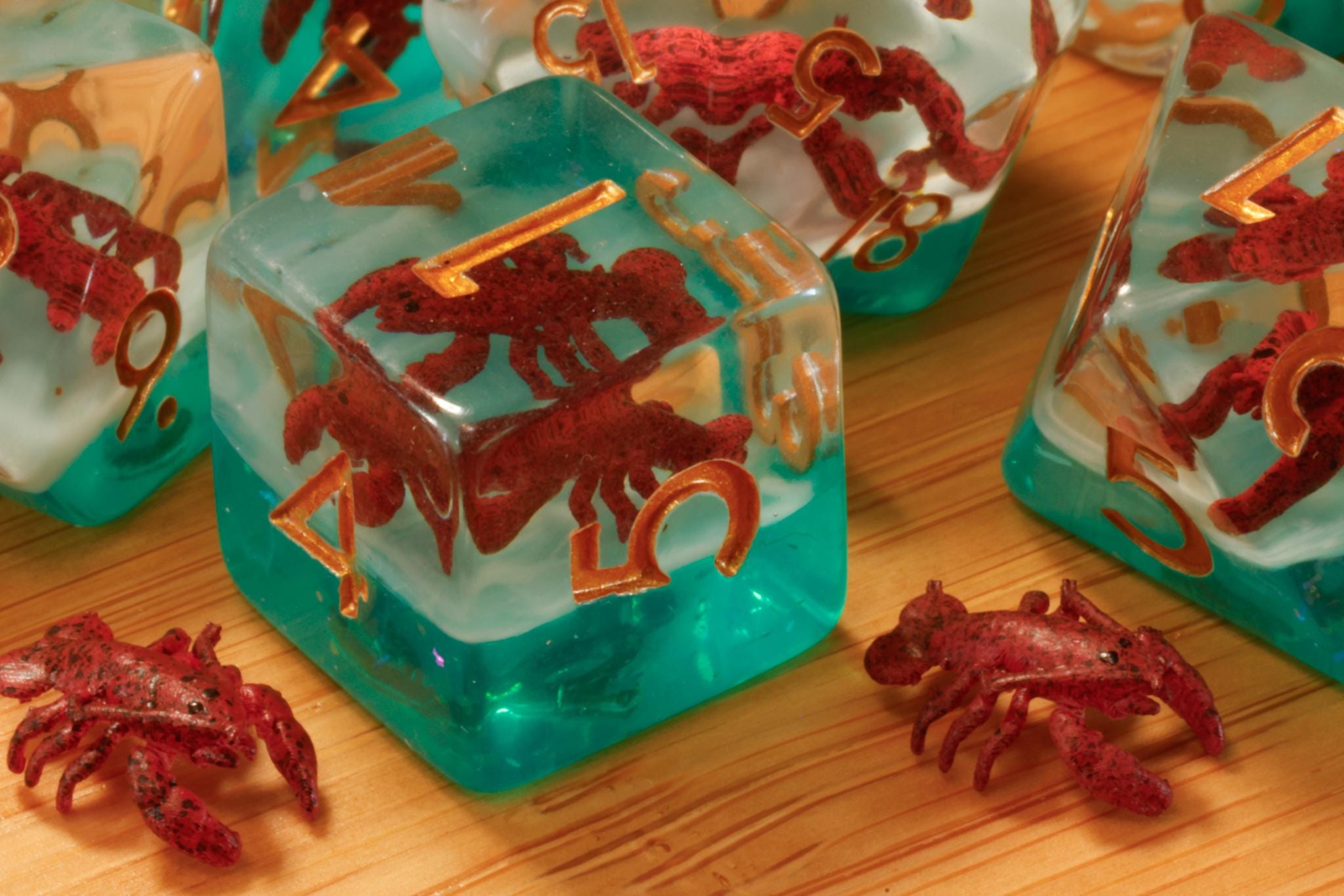 Lobster 7-piece polyhedral dice set with miniature lobster inclusions