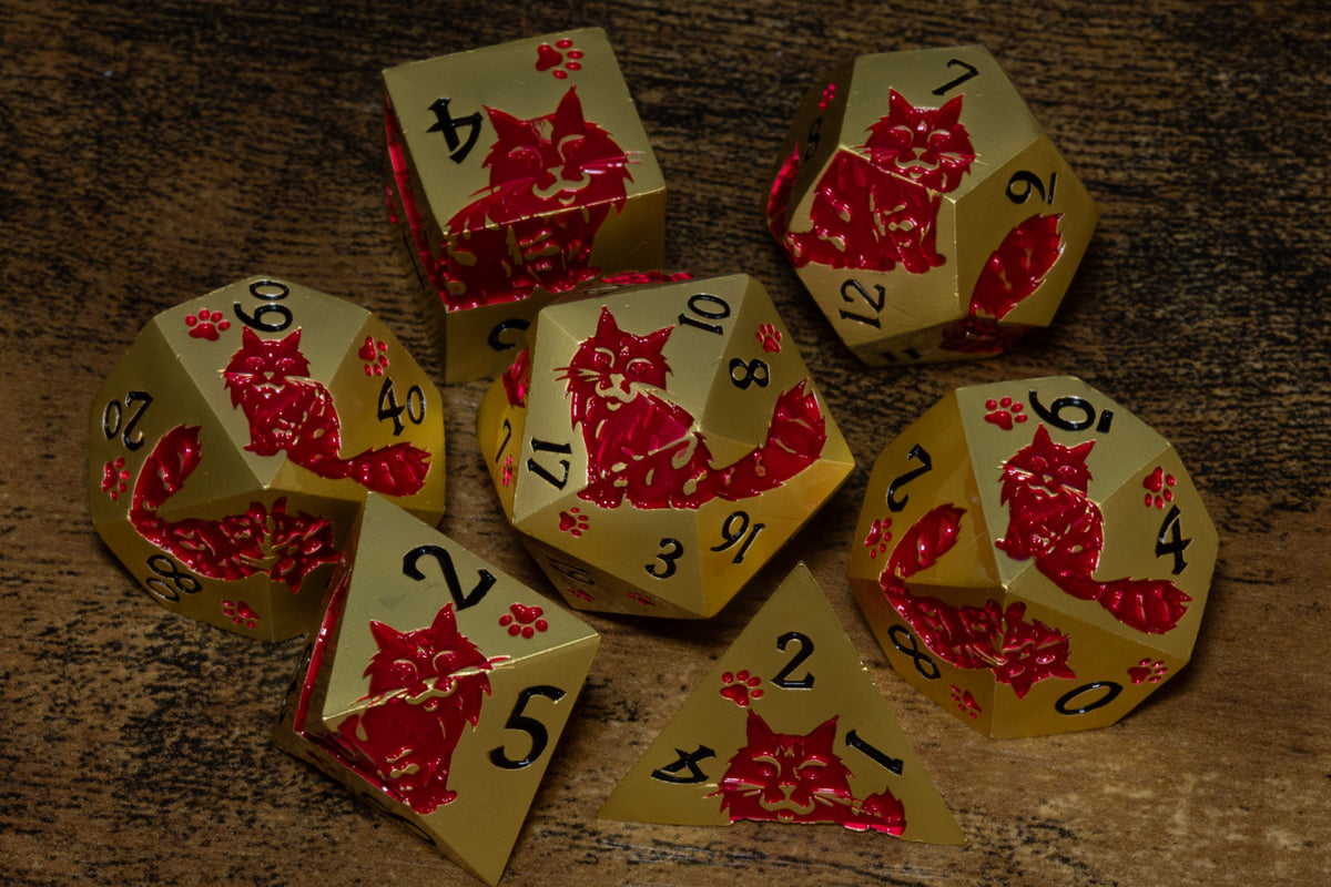 Meowgic 7-Piece Metal Dice Set – Gold with Red Cats – photo 1