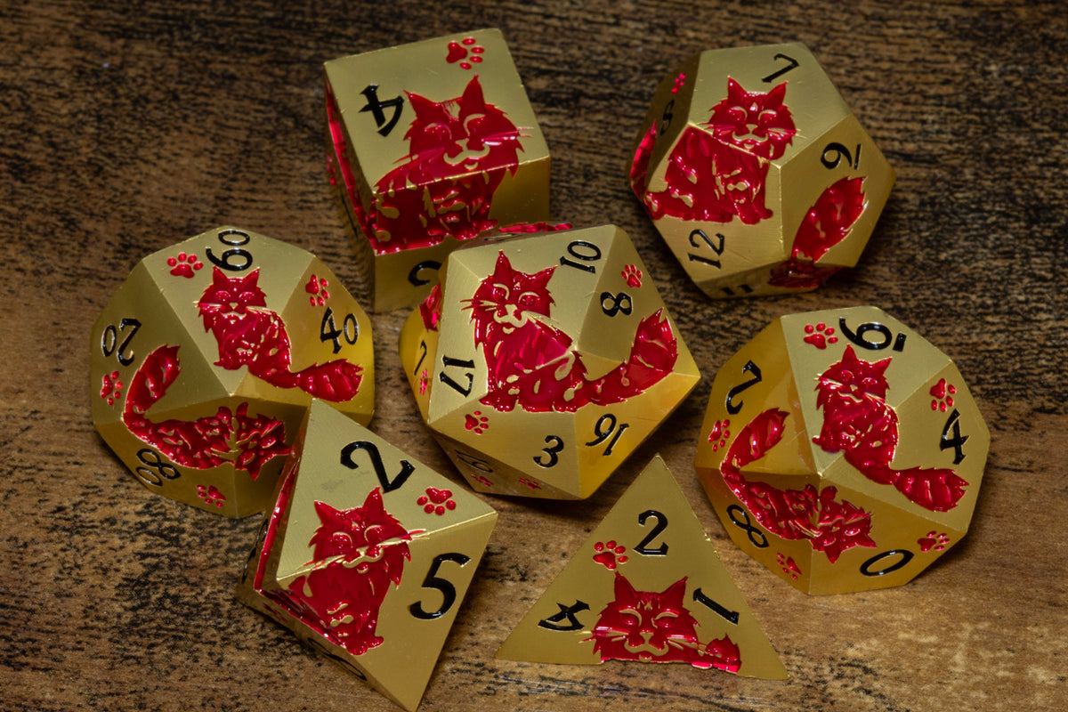 Meowgic 7-Piece Metal Dice Set – Gold with Red Cats – photo 2
