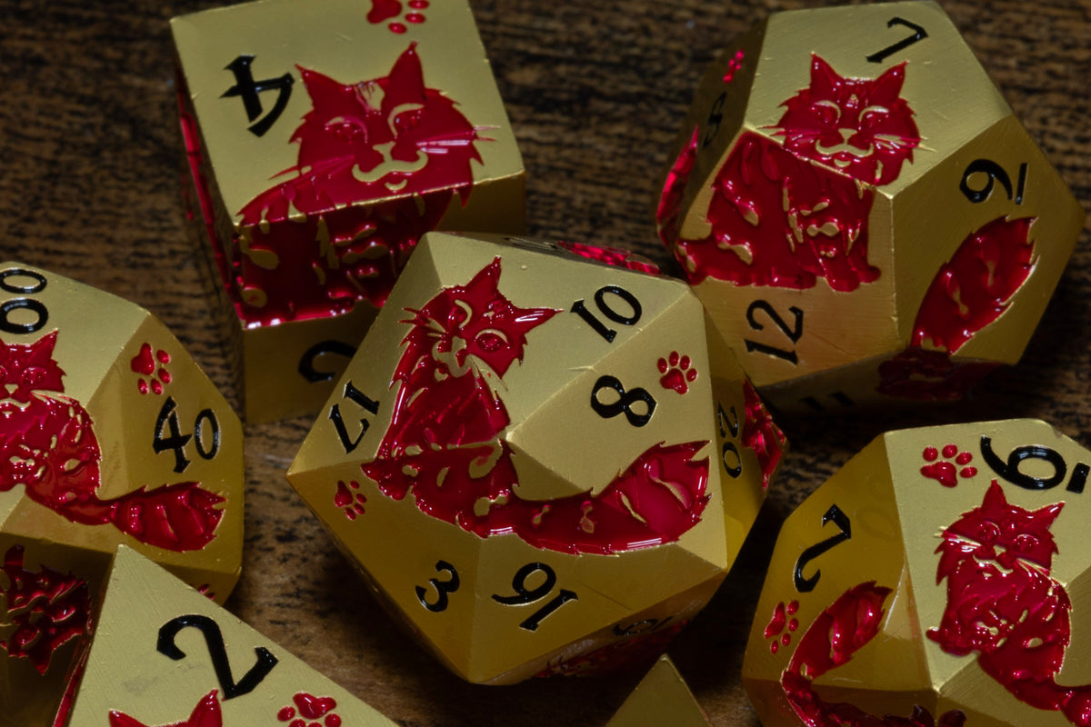 Meowgic 7-Piece Metal Dice Set – Gold with Red Cats – photo 7