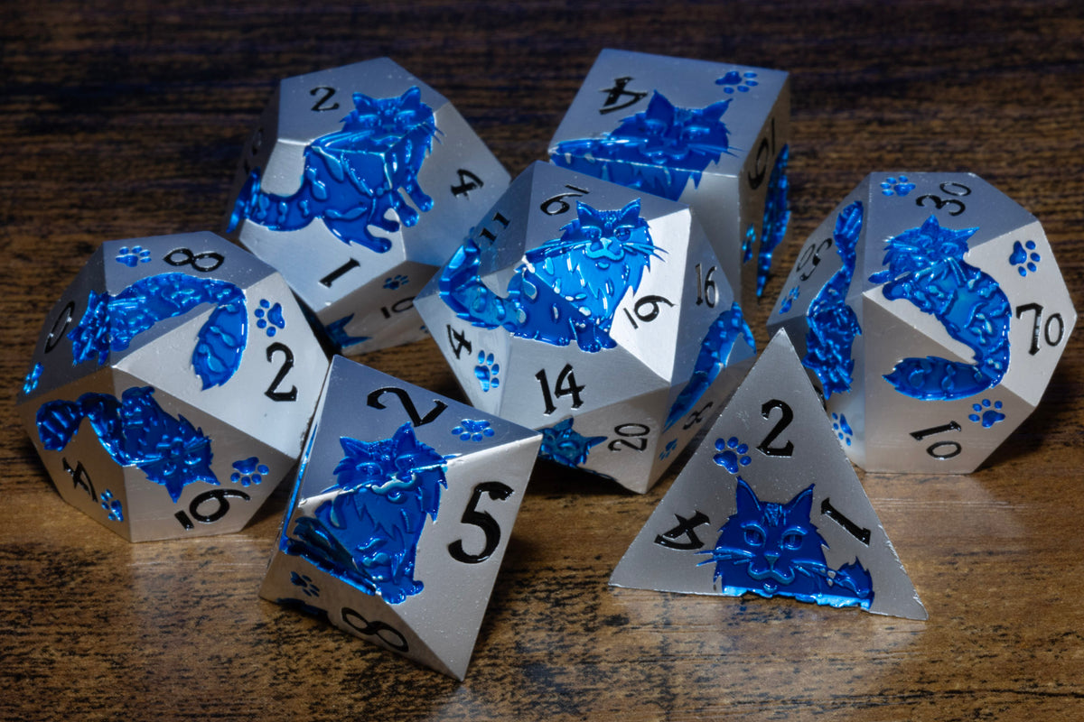Meowgic 7-Piece Metal Dice Set – Pearl Silver with Blue Cats – photo 2