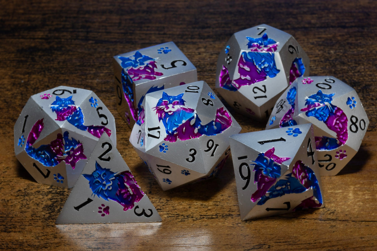Meowgic 7-Piece Metal Dice Set – Pearl Silver with Blue & Magenta Cats – photo 3