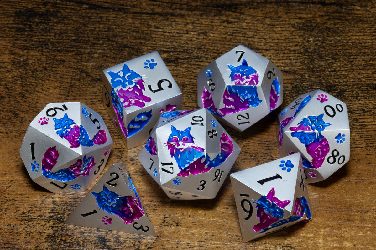 Meowgic 7-Piece Metal Dice Set – Pearl Silver with Blue & Magenta Cats – photo 4