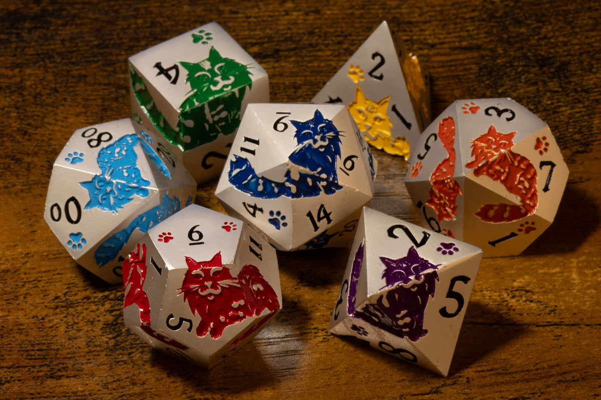 Meowgic 7-Piece Metal Dice Set – Pearl Silver with Rainbow Cats – photo 1