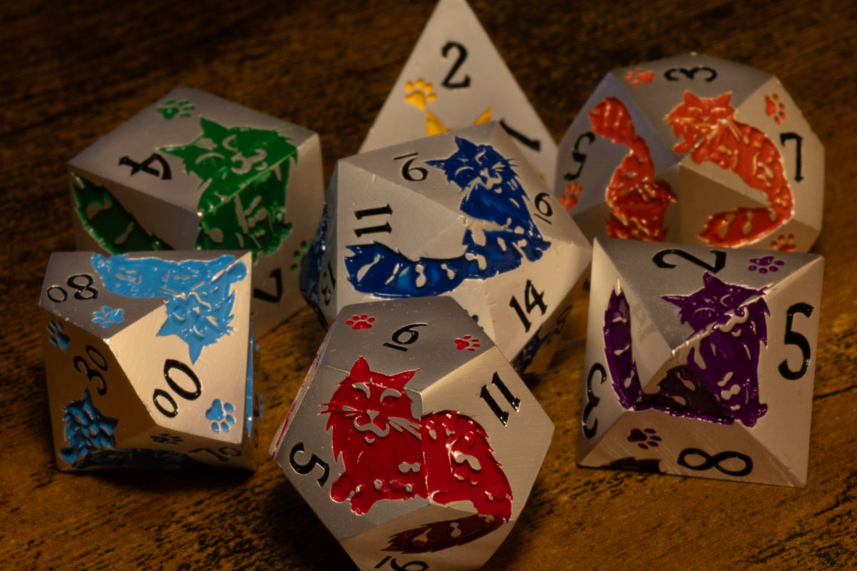 Meowgic 7-Piece Metal Dice Set – Pearl Silver with Rainbow Cats – photo 4