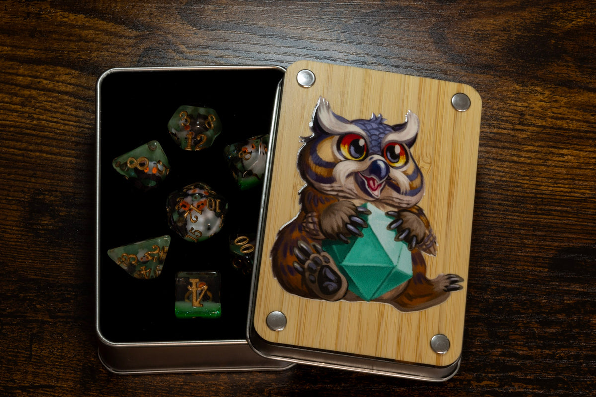 Owlbear dice box with Wise Owl dice set - The Wizard's Vault