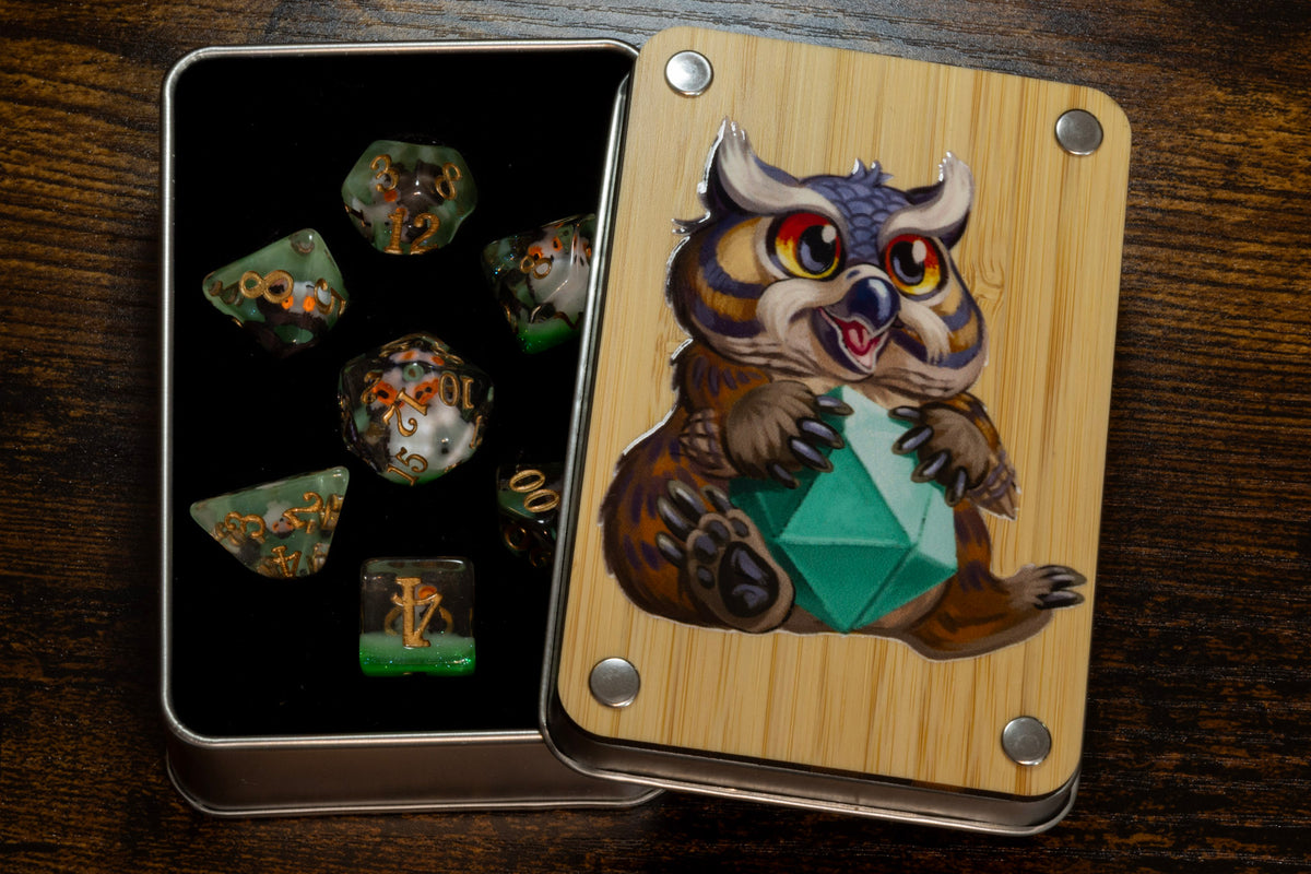 Owlbear dice box with Wise Owl dice set - The Wizard's Vault