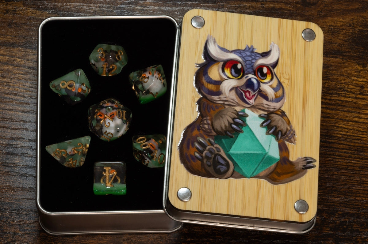 Owlbear dice box with Wise Owl dice set - The Wizard's Vault