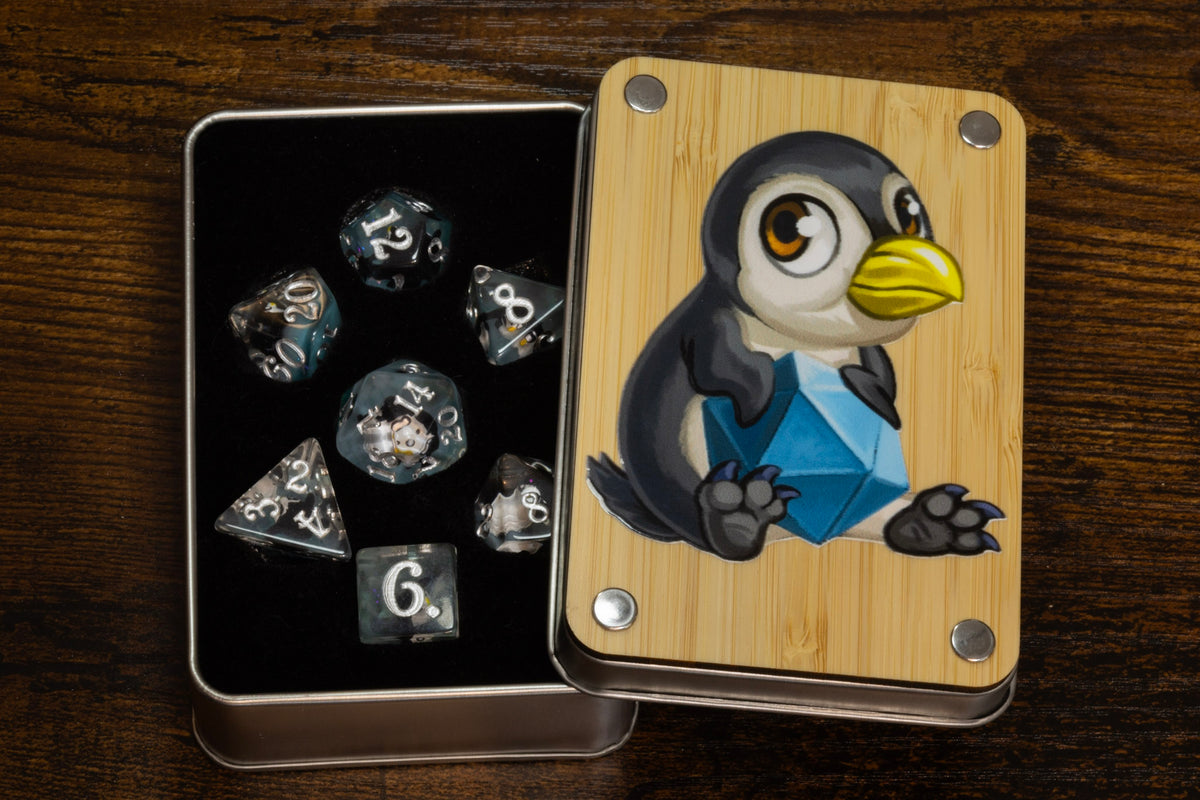 Penguin dice box with penguin dice set - The Wizard's Vault