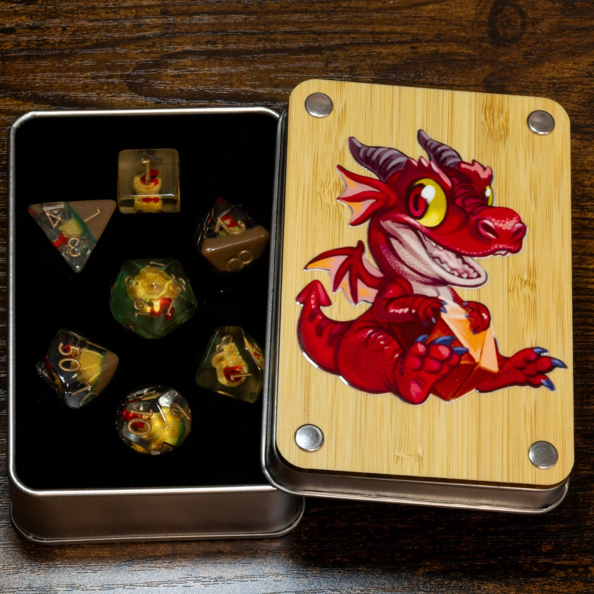 Red dragon dice box with Red Dragon Hatchling dice set - The Wizard's Vault