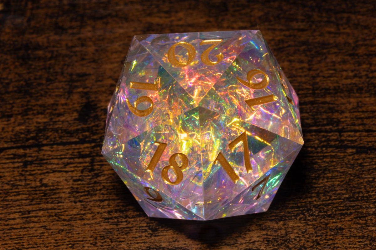 Sacred Opal Countdown D20 Life Counter – Clear with Iridescent Foil & Gold Numbers – photo 3