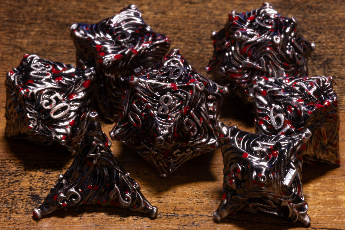 Vortex 7-Piece Metal Dice Set – Antique Silver with Red Splatter – photo 2