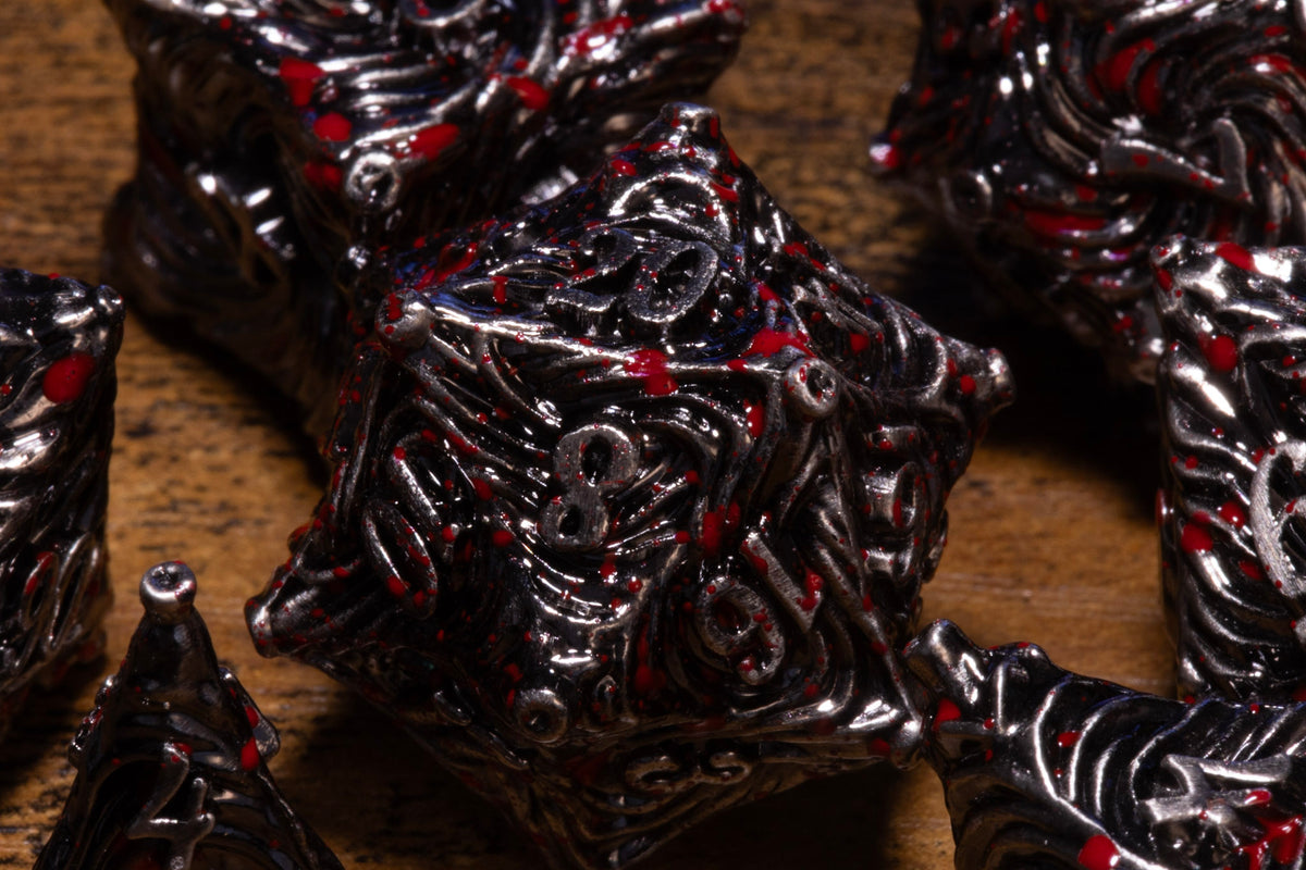 Vortex 7-Piece Metal Dice Set – Antique Silver with Red Splatter – photo 4