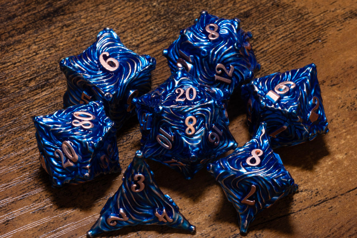 Vortex 7-Piece Metal Dice Set – Blue with Copper Numbers – photo 1