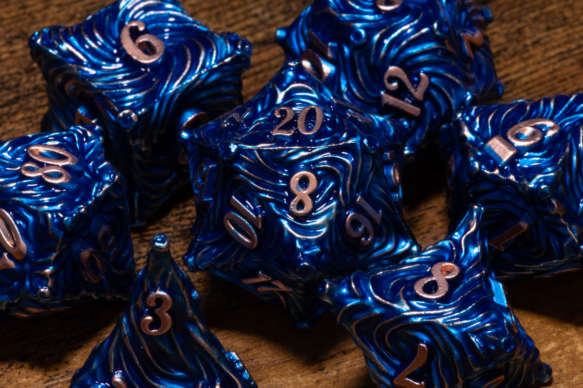 Vortex 7-Piece Metal Dice Set – Blue with Copper Numbers – photo 5