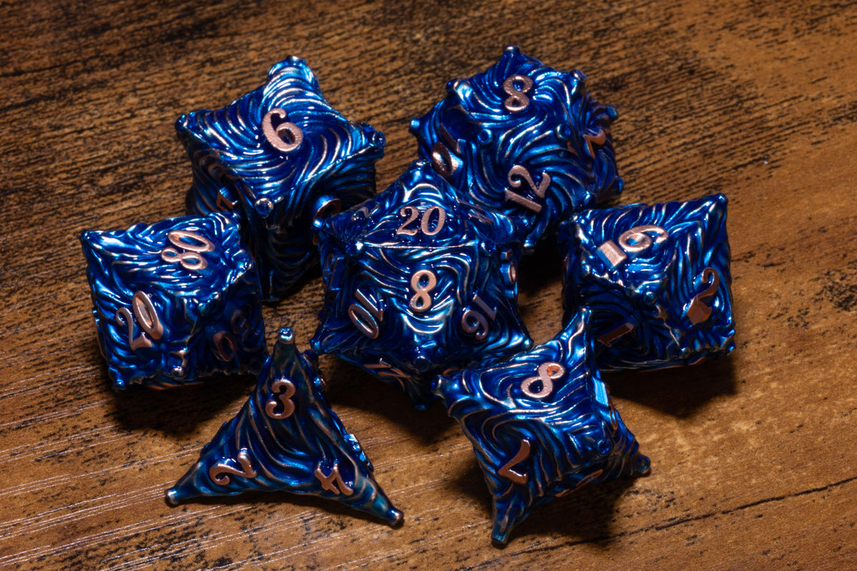 Vortex 7-Piece Metal Dice Set – Blue with Copper Numbers – photo 6