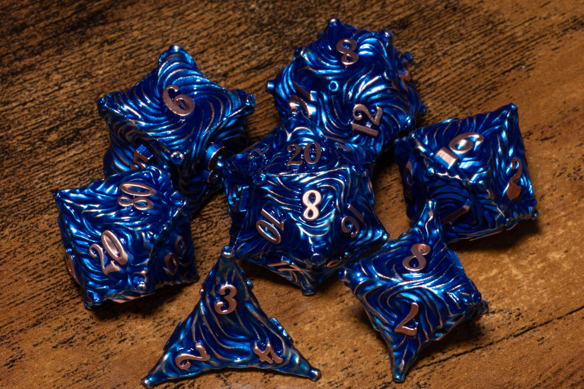 Vortex 7-Piece Metal Dice Set – Blue with Copper Numbers – photo 7