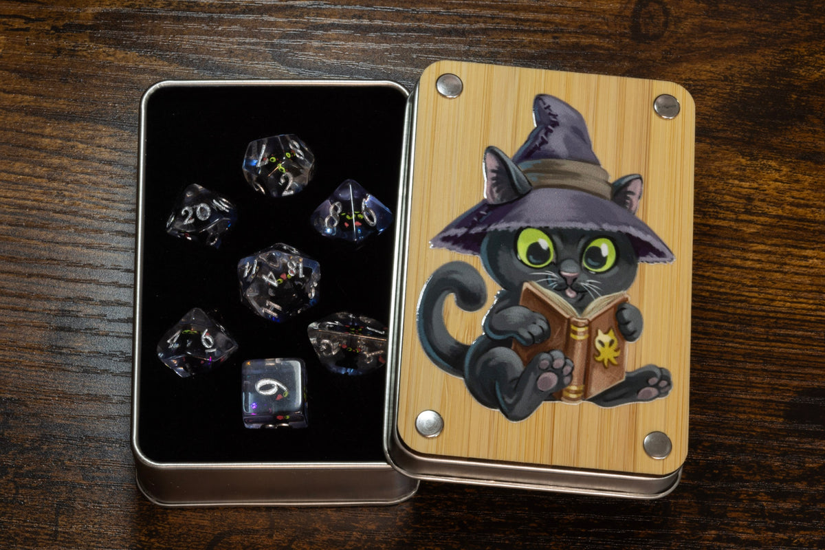 Wizard Cat dice box with black cat dice set - The Wizard's Vault