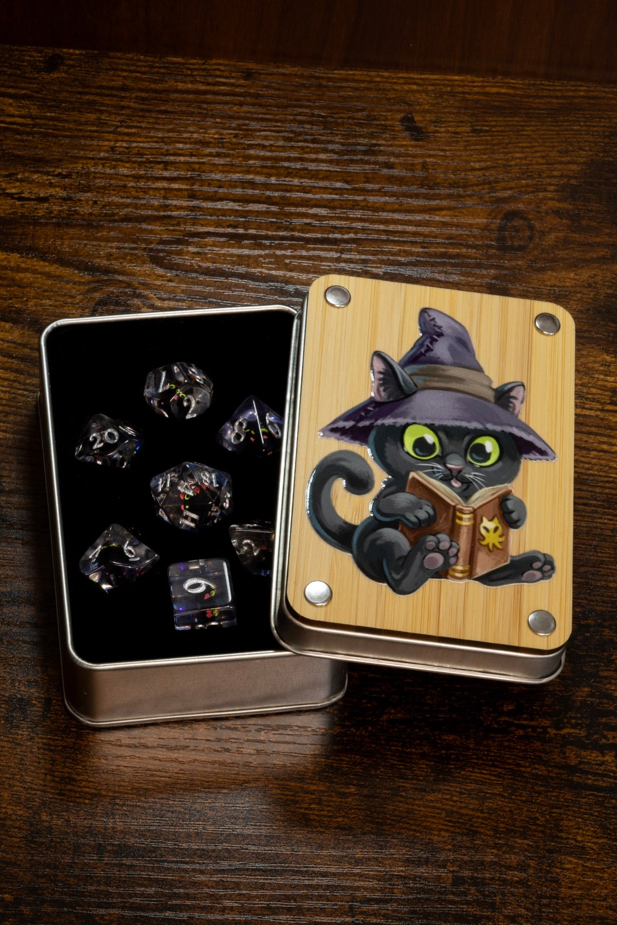Wizard Cat dice box with black cat dice set - The Wizard's Vault