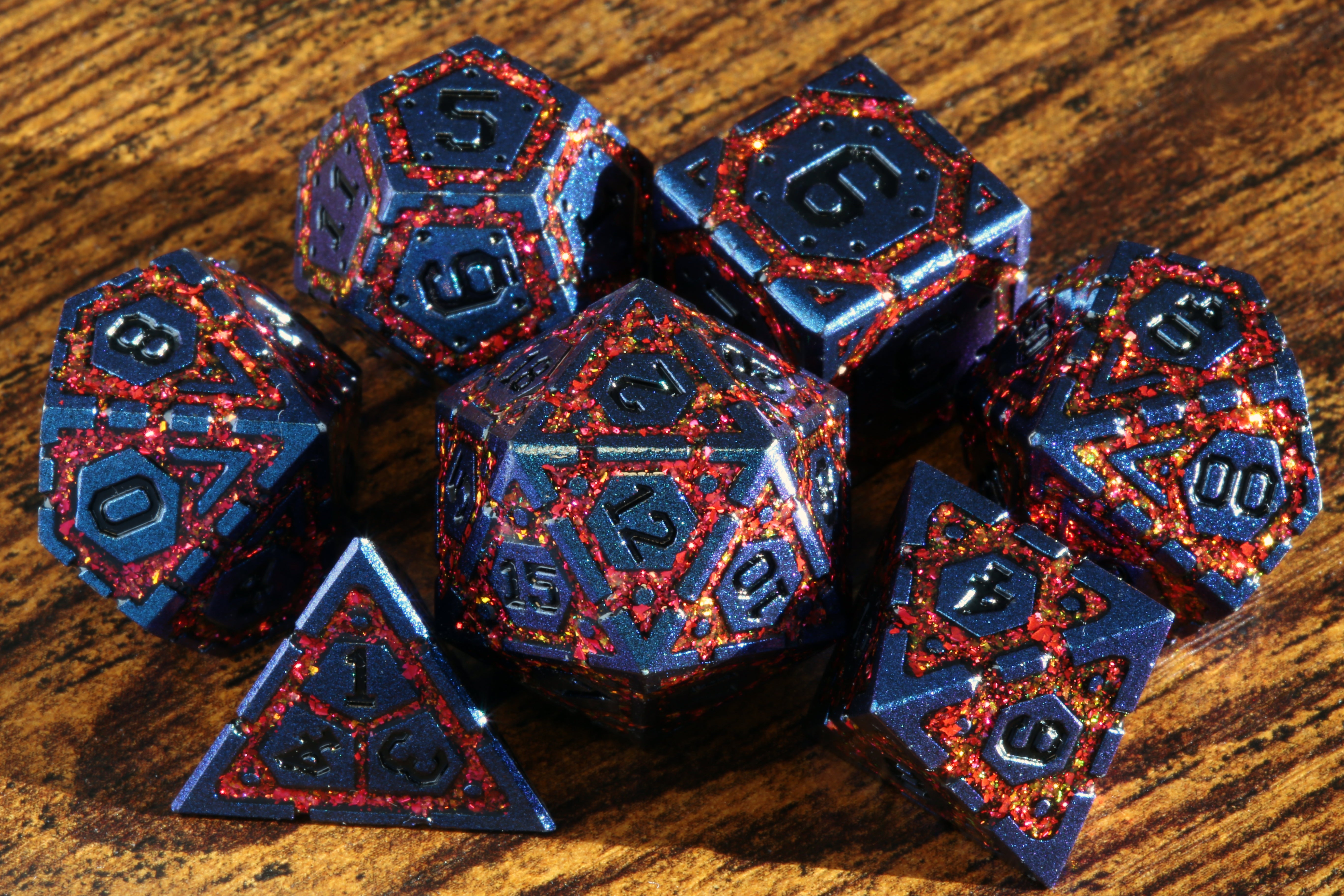 Lava Vault Dice Set - red mica with blue metal - The Wizard's Vault