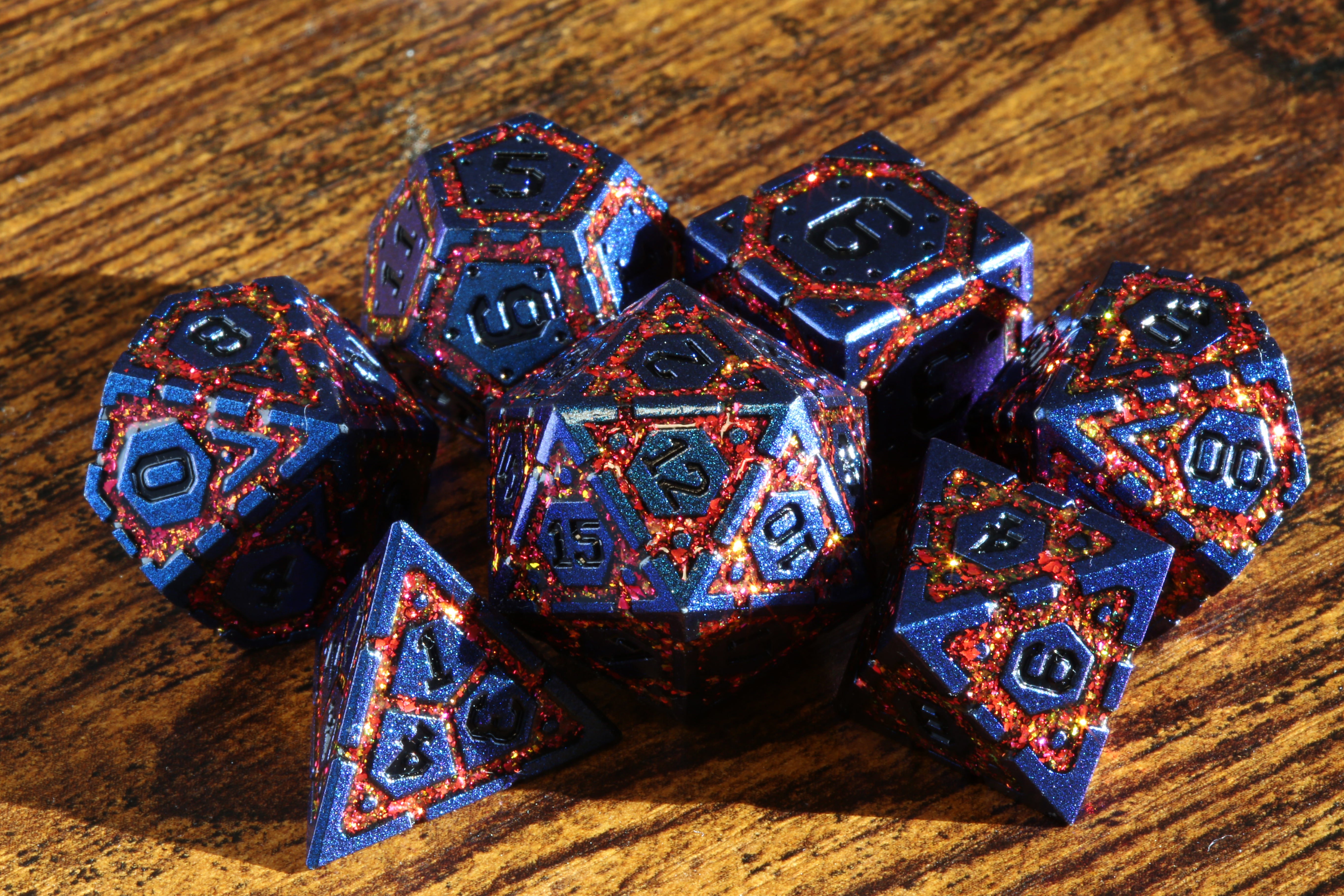 Lava Vault Dice Set - red mica with blue metal - The Wizard's Vault