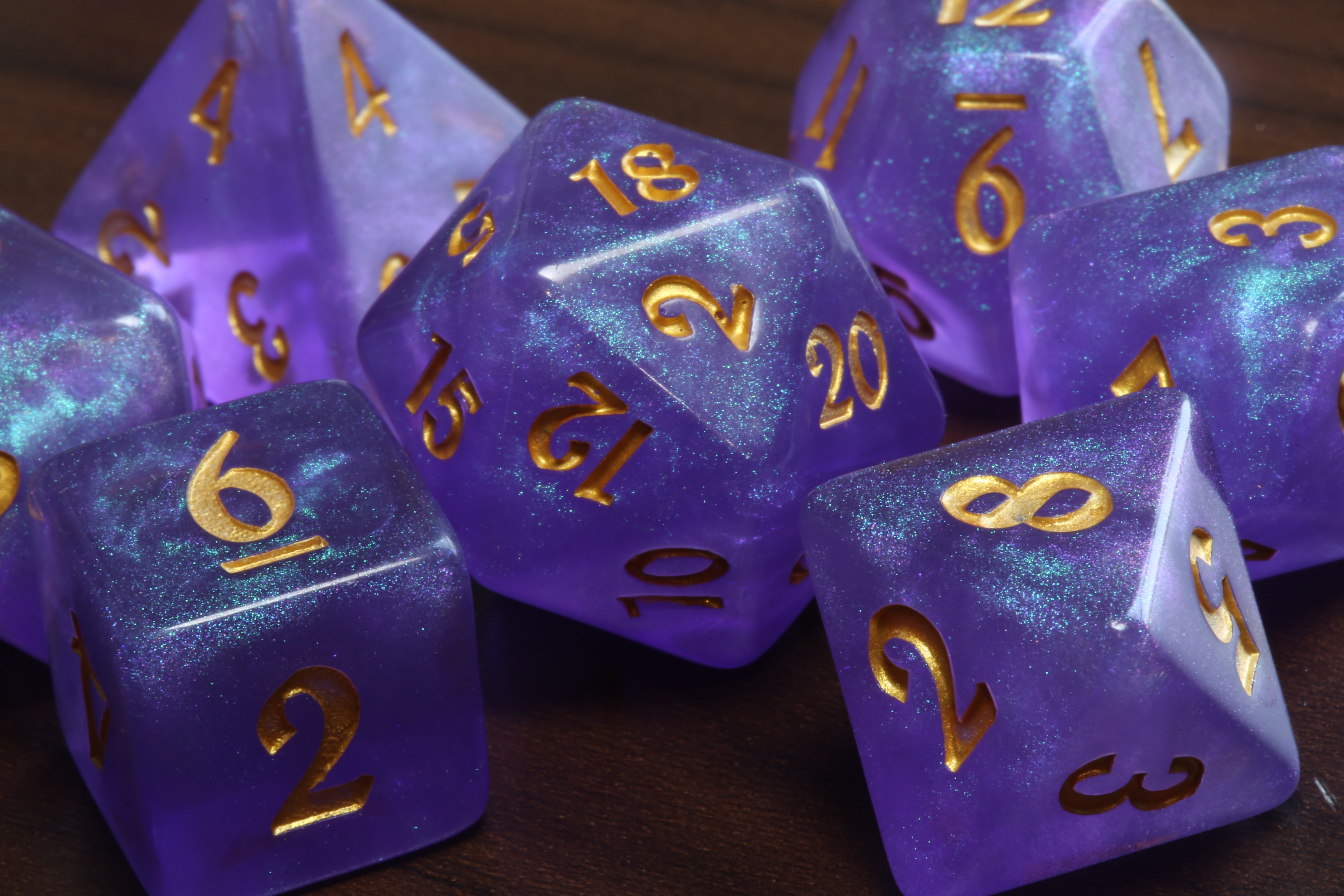 Arcane Focus - Purple galaxy glitter dice set - The Wizard's Vault