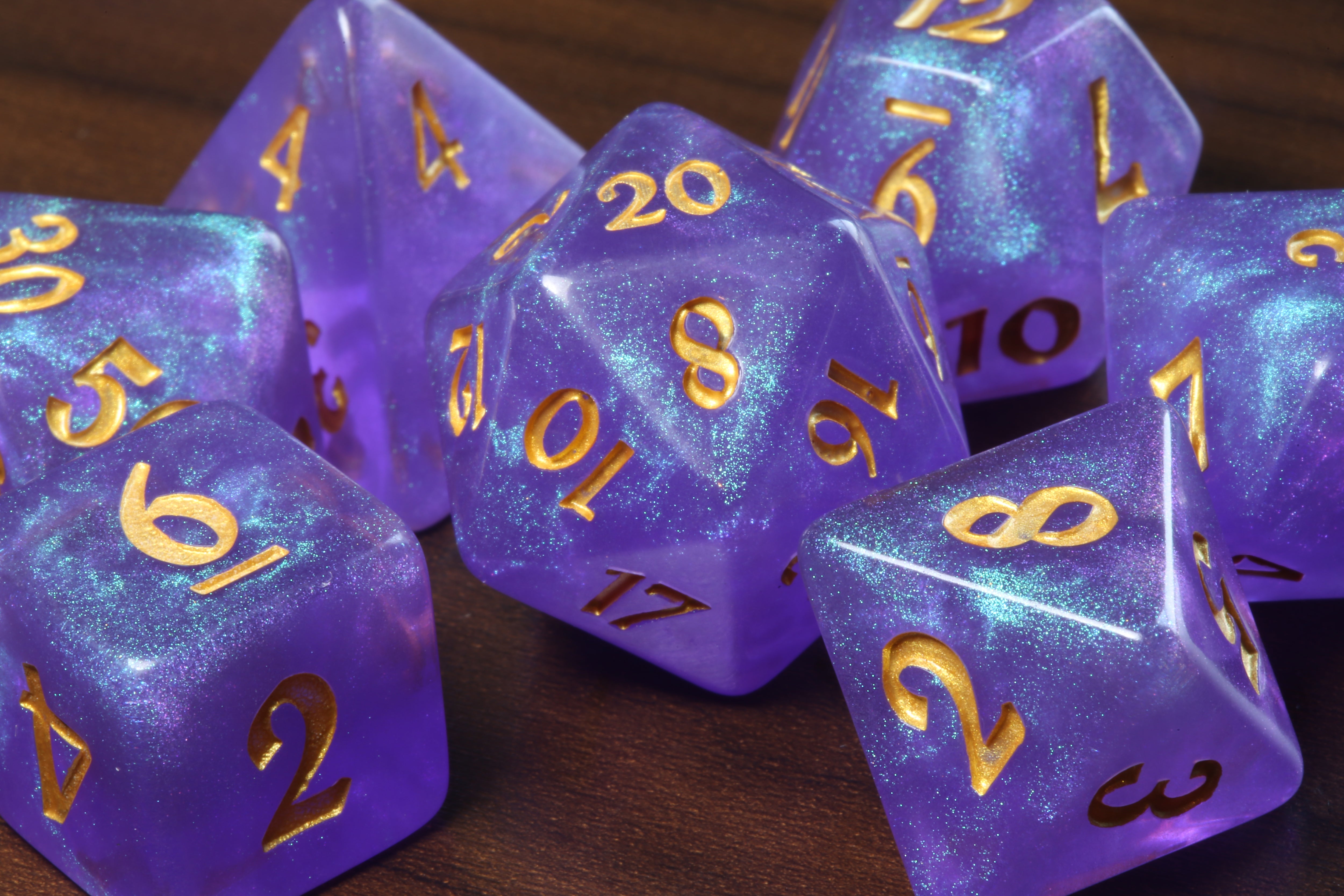 Arcane Focus - Purple galaxy glitter dice set - The Wizard's Vault