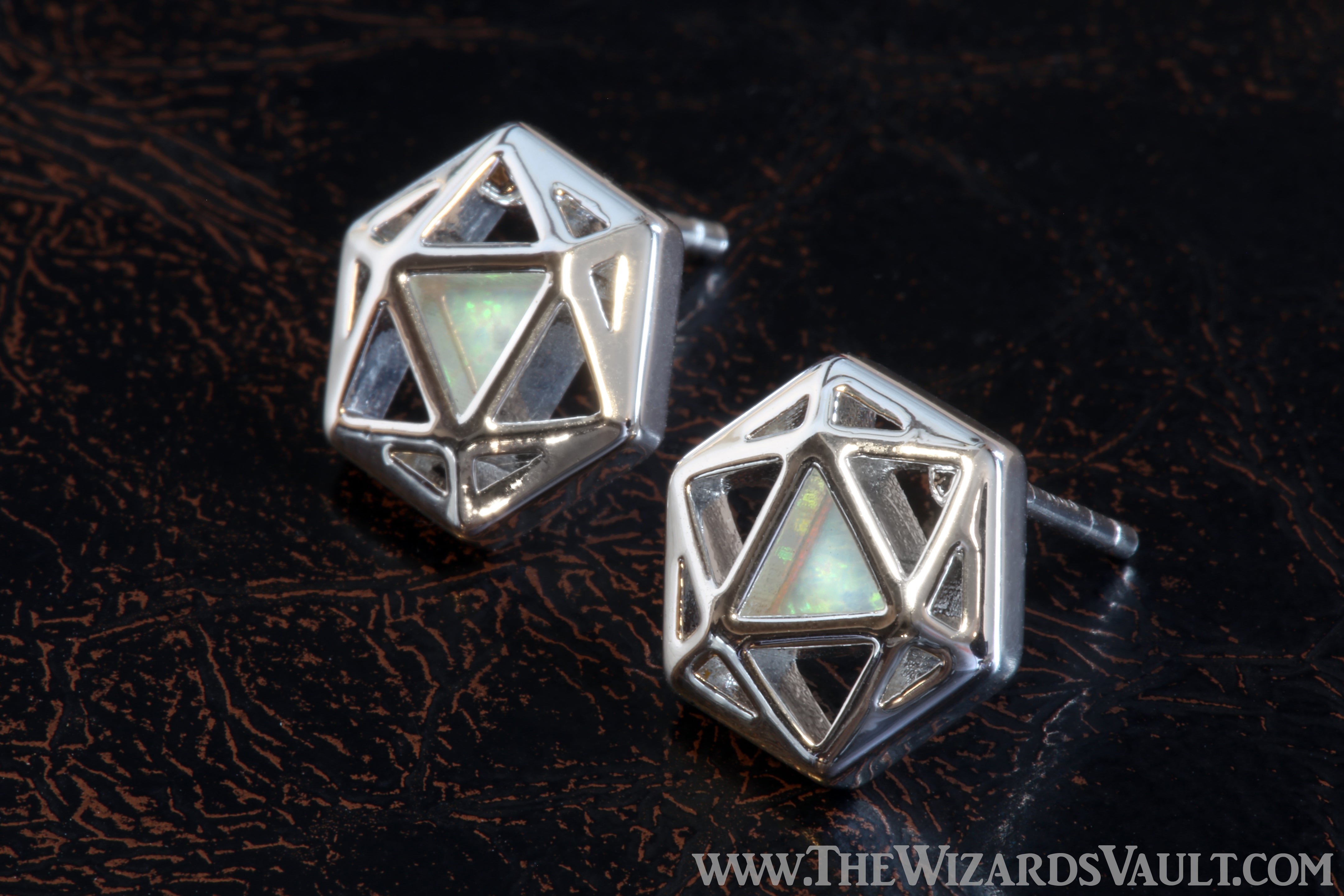 D20 Dice stud earrings with white opal - The Wizard's Vault