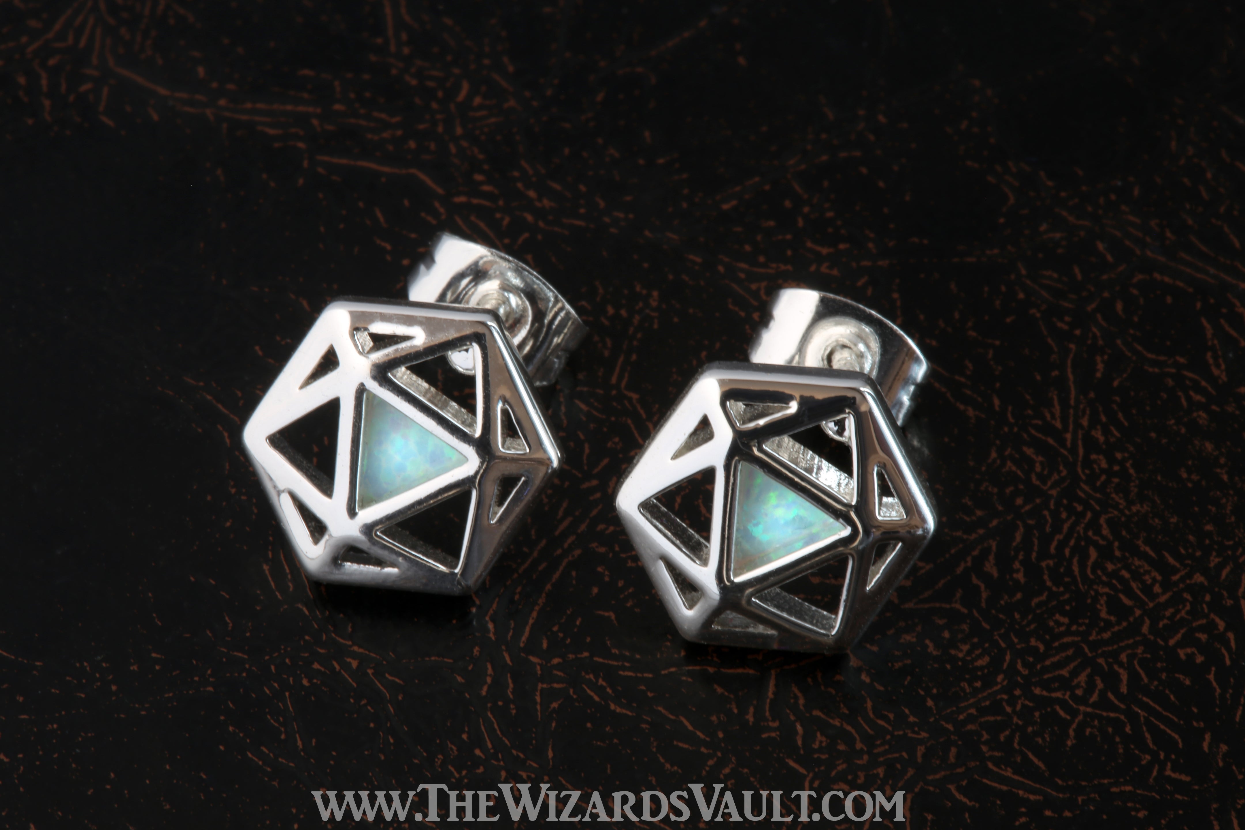 D20 Dice stud earrings with white opal - The Wizard's Vault