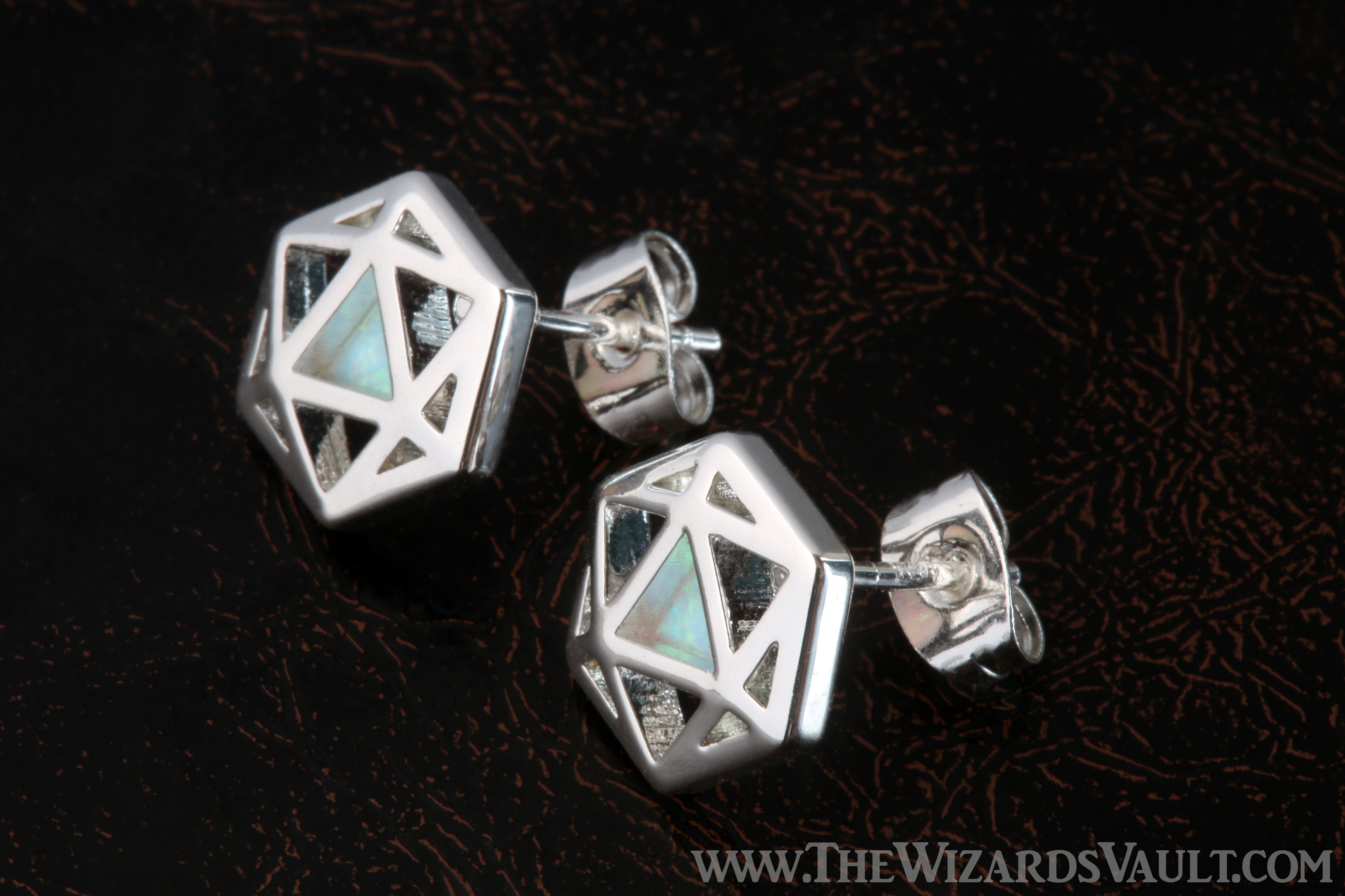 D20 Dice stud earrings with white opal - The Wizard's Vault
