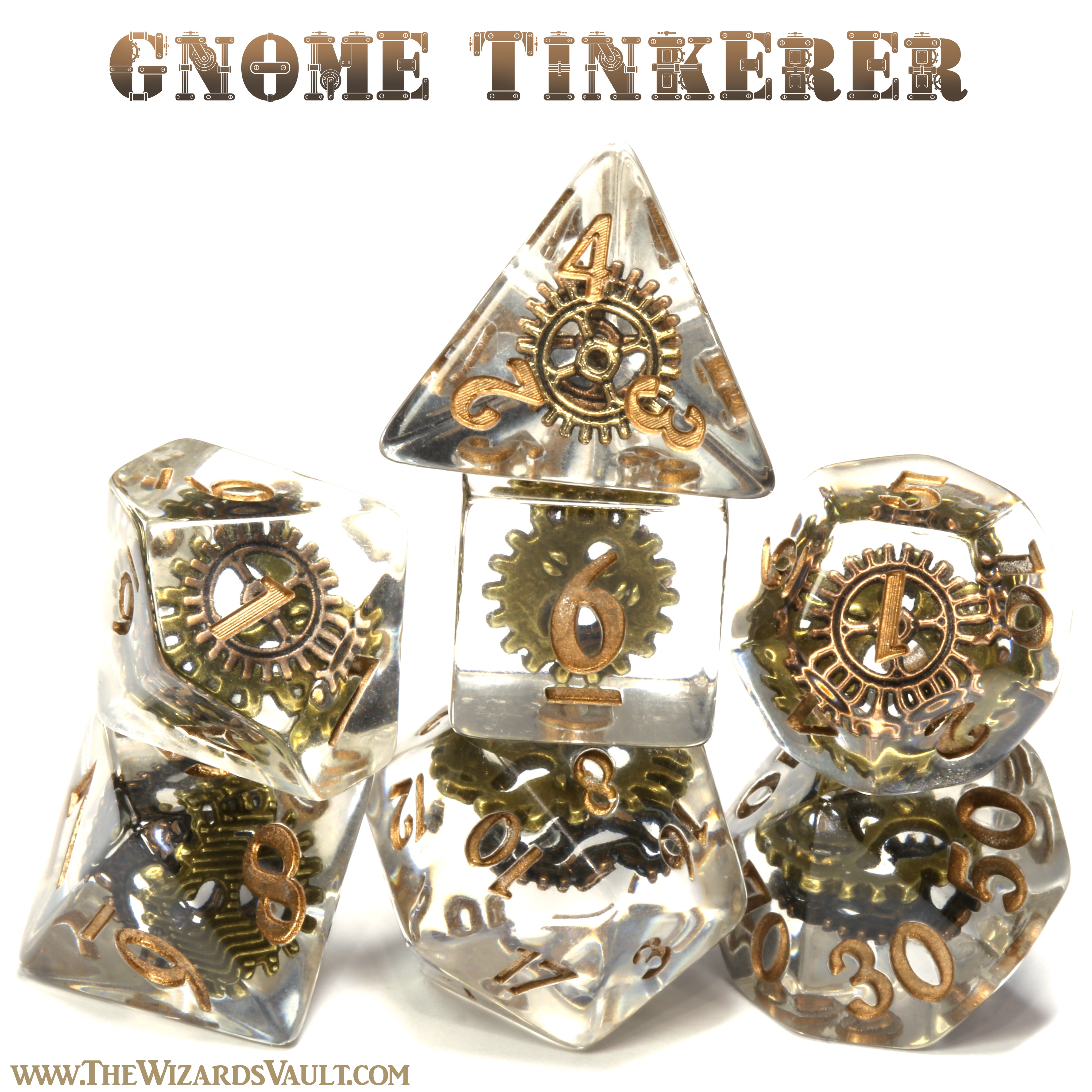 Gnome Tinkerer - Dice with gears in clear resin - The Wizard's Vault