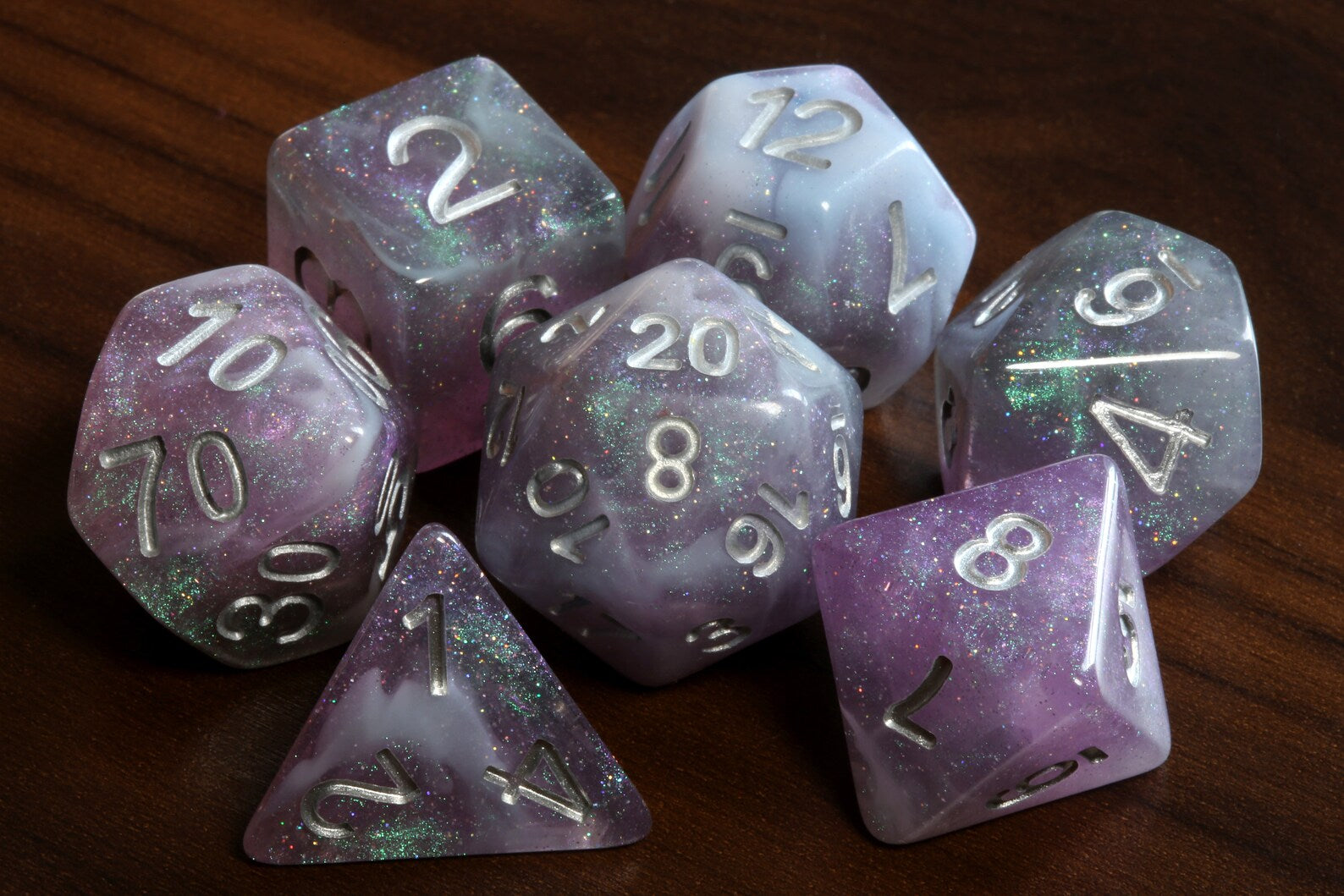 Night Storm dice set - Grey Violet and white galaxy - The Wizard's Vault