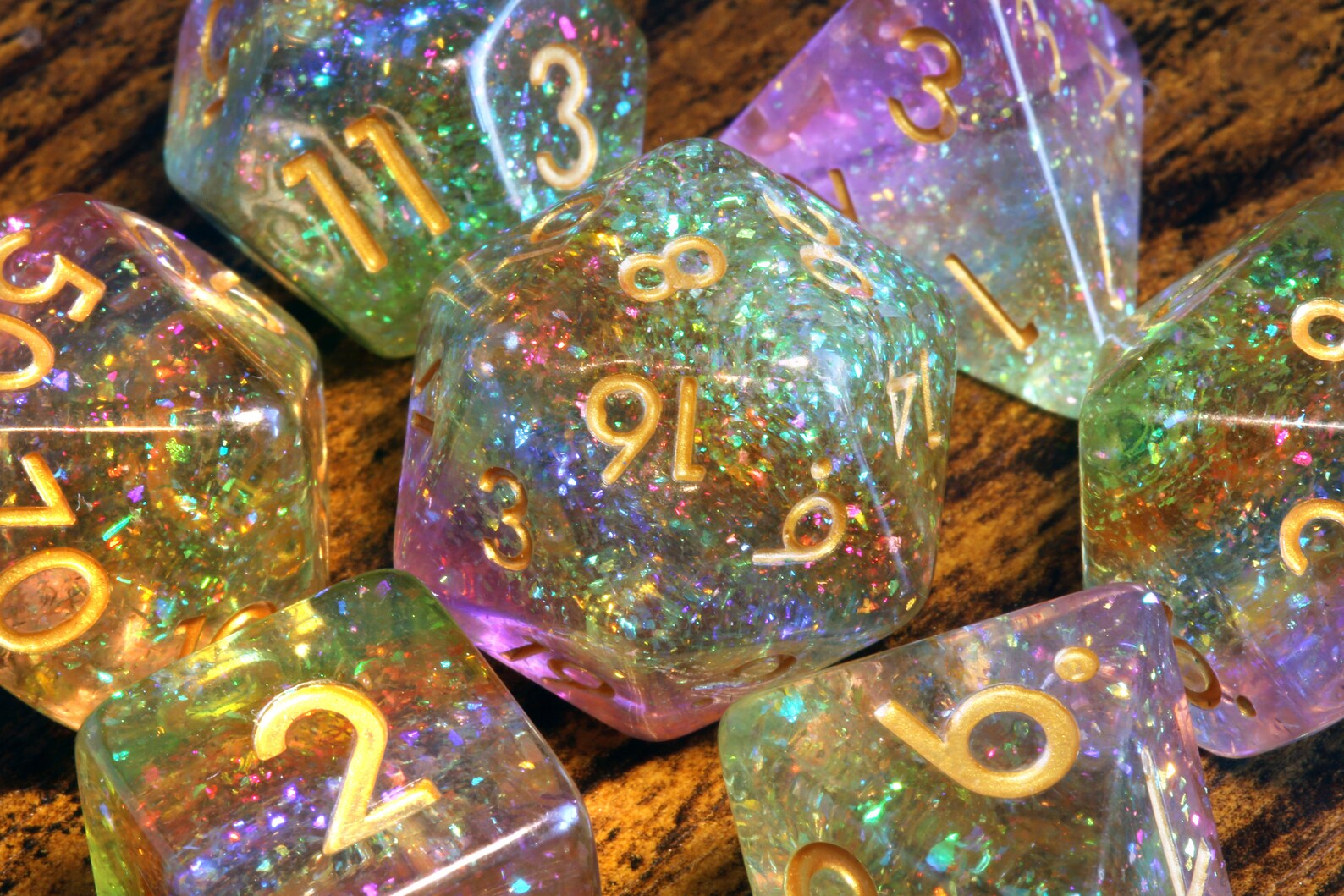 Rainbow Sparkle Dice Set - Multicolored glitter layer - The Wizard's Vault