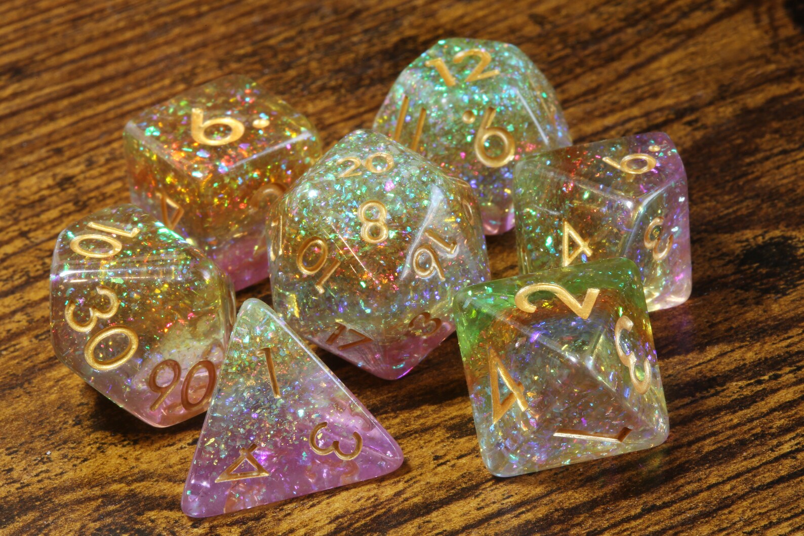 Rainbow Sparkle Dice Set - Multicolored glitter layer - The Wizard's Vault
