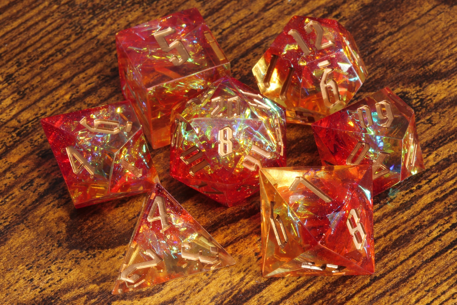 Pyromancer's Ritual dice set - Red, Orange sharp edge dice set with holographic foil - The Wizard's Vault