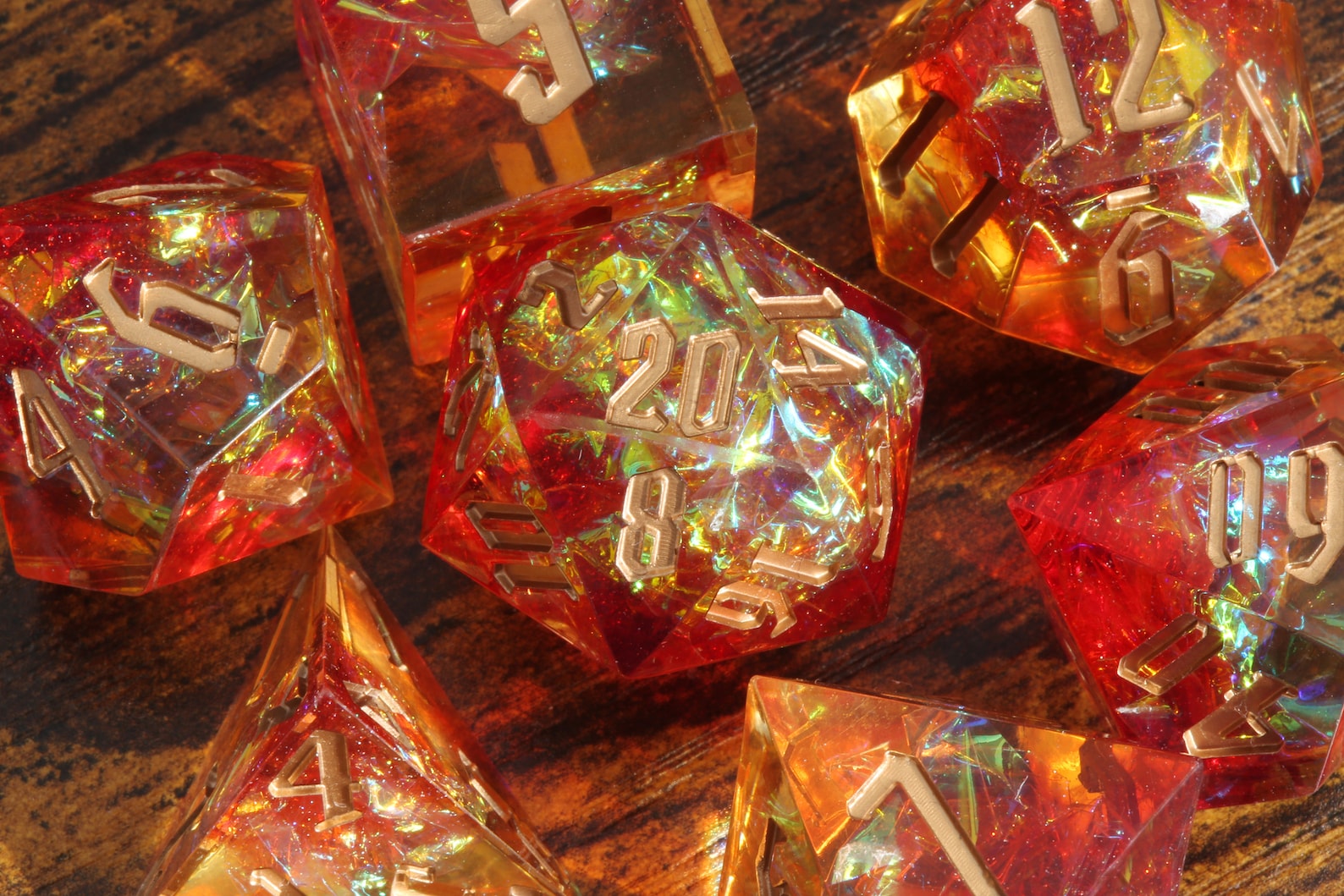 Pyromancer's Ritual dice set - Red, Orange sharp edge dice set with holographic foil - The Wizard's Vault