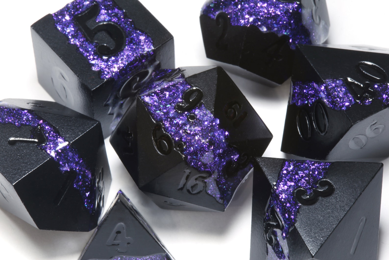 Mana Ore, Purple mica stripe dice set with black metal - The Wizard's Vault