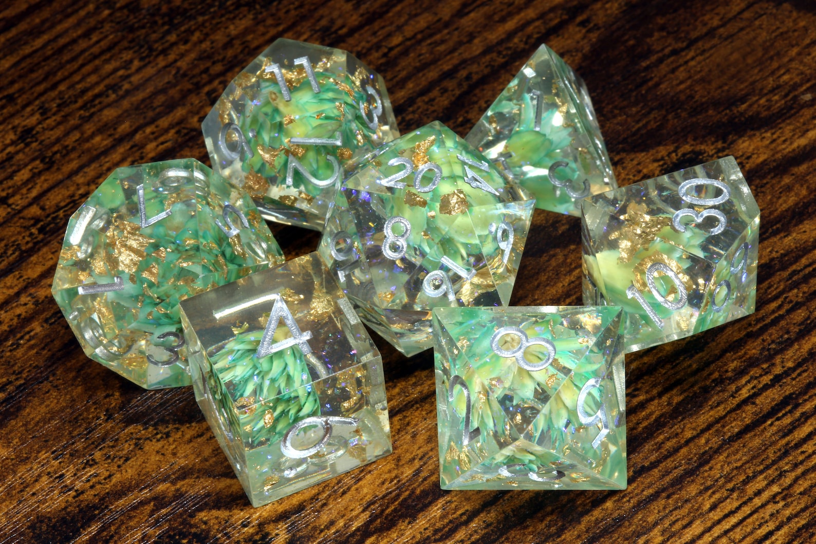 Light Green flowers sharp edge dice set with gold flakes and holographic glitters - The Wizard's Vault