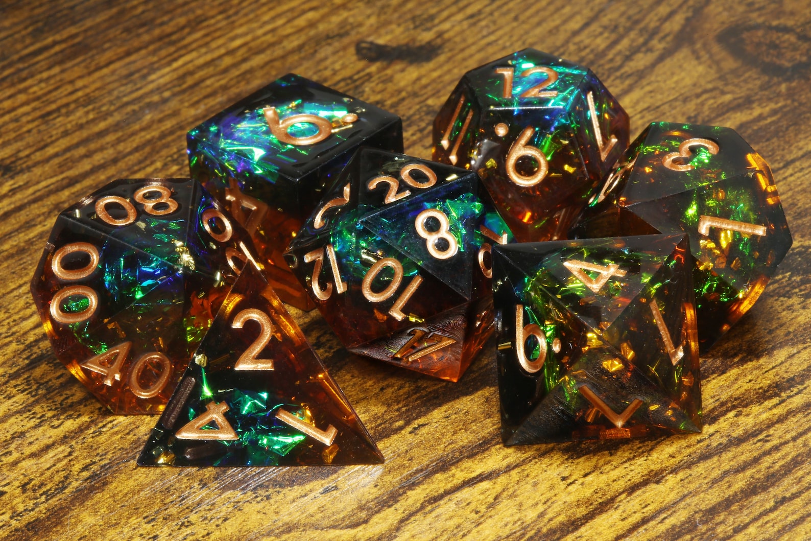 Sylvan Sanctuary dice set - Brown and green sharp edge dice set with holographic foil - The Wizard's Vault