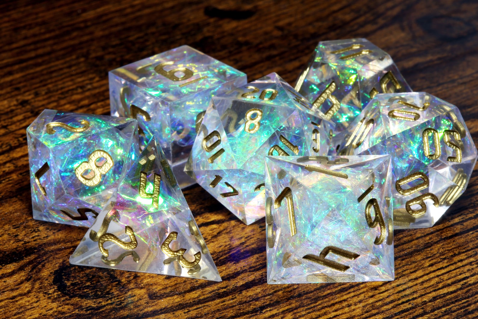 Sacred Opal dice set - Clear sharp edge dice set with holographic foil - The Wizard's Vault