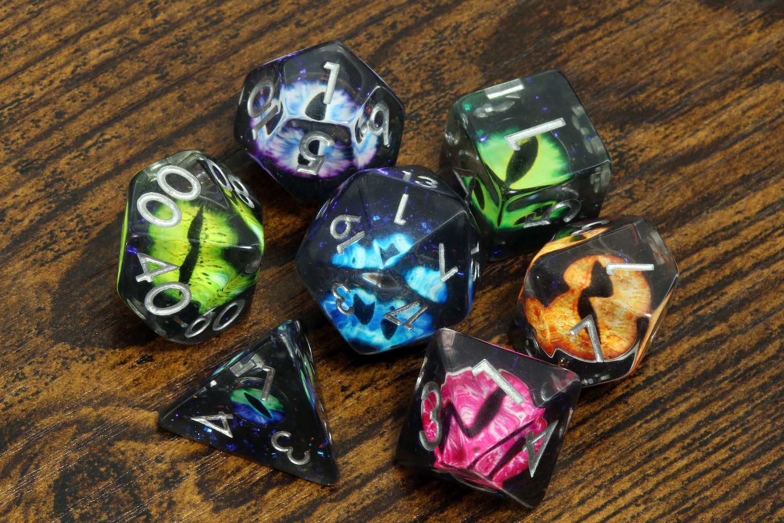 Feywild Wyrm - multicolor dragon eyes dice set - The Wizard's Vault