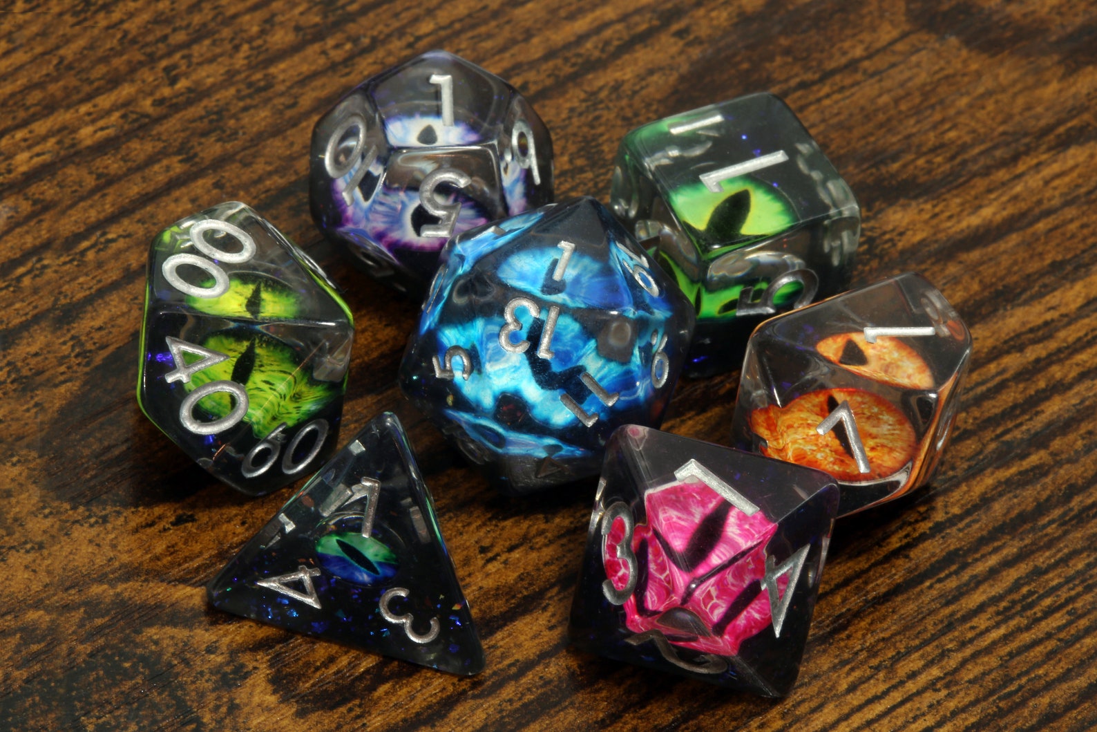 Feywild Wyrm - multicolor dragon eyes dice set - The Wizard's Vault