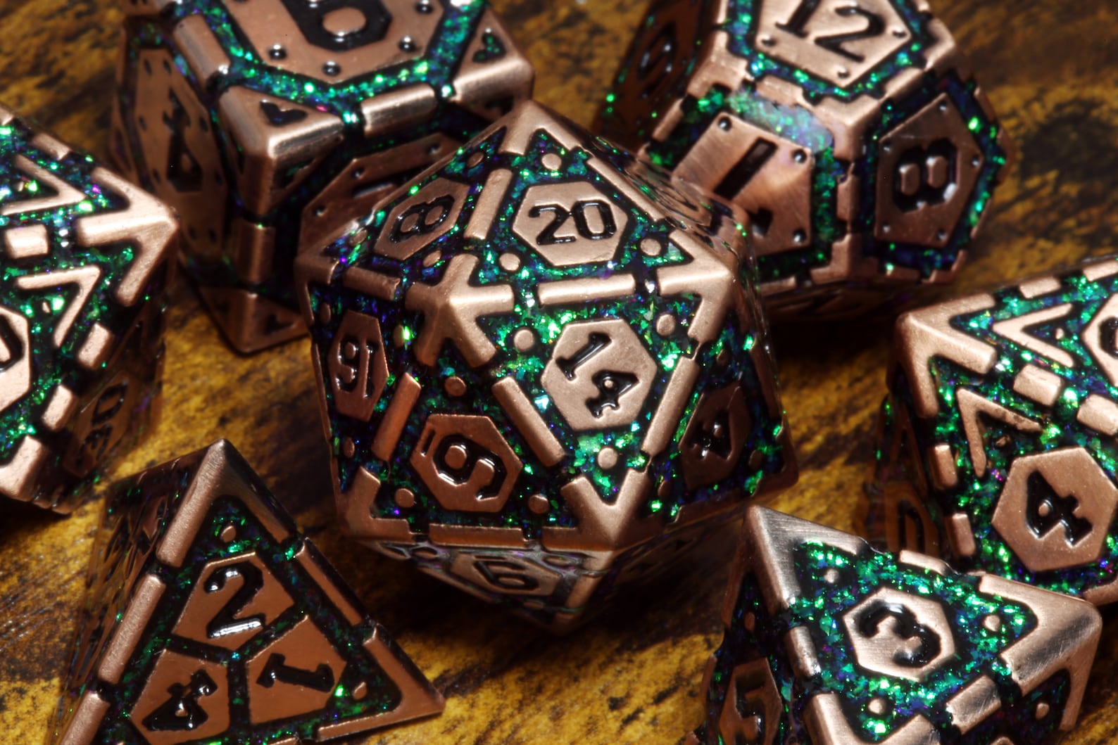 Emerald Vault dice set- Heavy copper metal dice with green iridescent mica - The Wizard's Vault