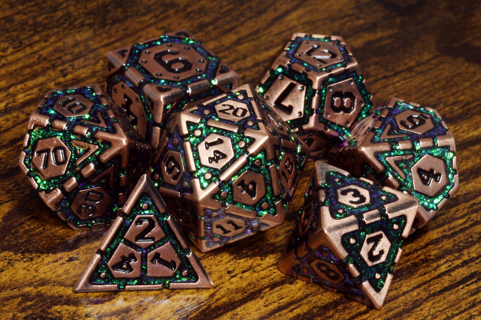 Emerald Vault dice set- Heavy copper metal dice with green iridescent mica - The Wizard's Vault