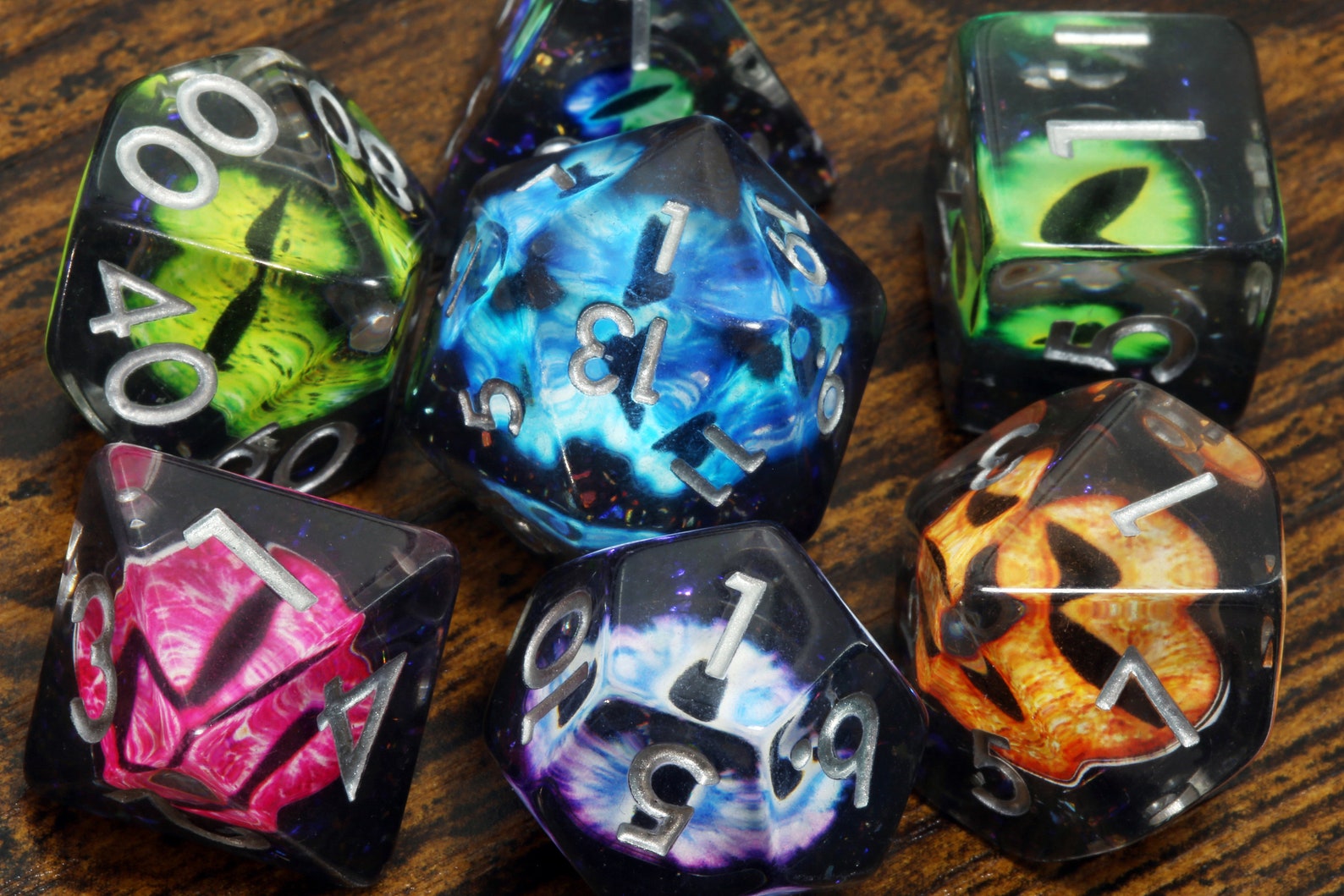 Feywild Wyrm - multicolor dragon eyes dice set - The Wizard's Vault